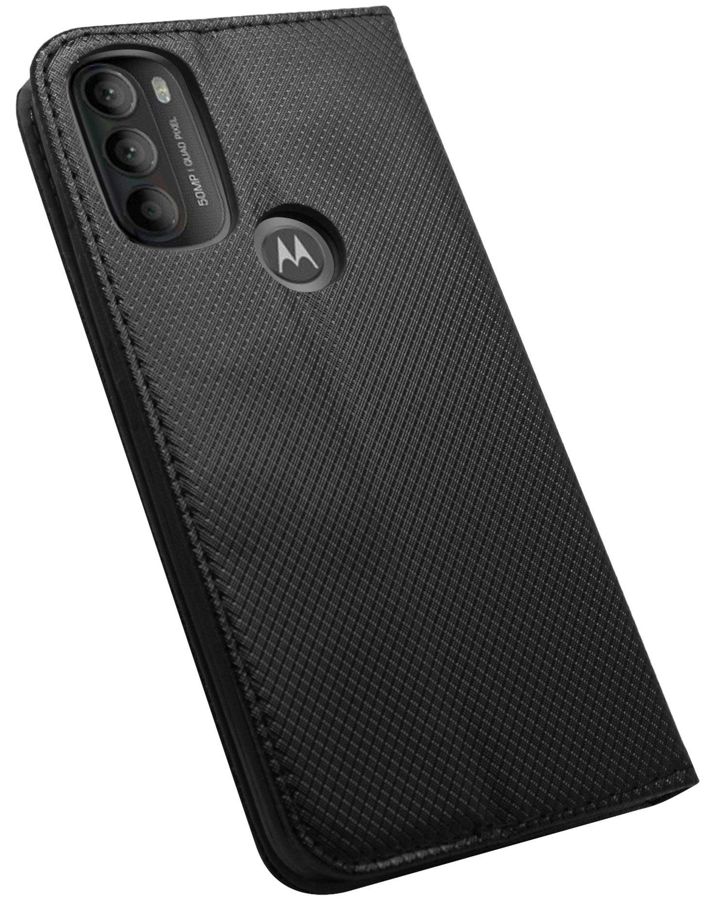 Buch-Tasche Hülle Smart Magnet kompatibel mit MOTOROLA MOTO G71 5G Leder Optik Wallet Book-Style Cover Schale in Schwarz