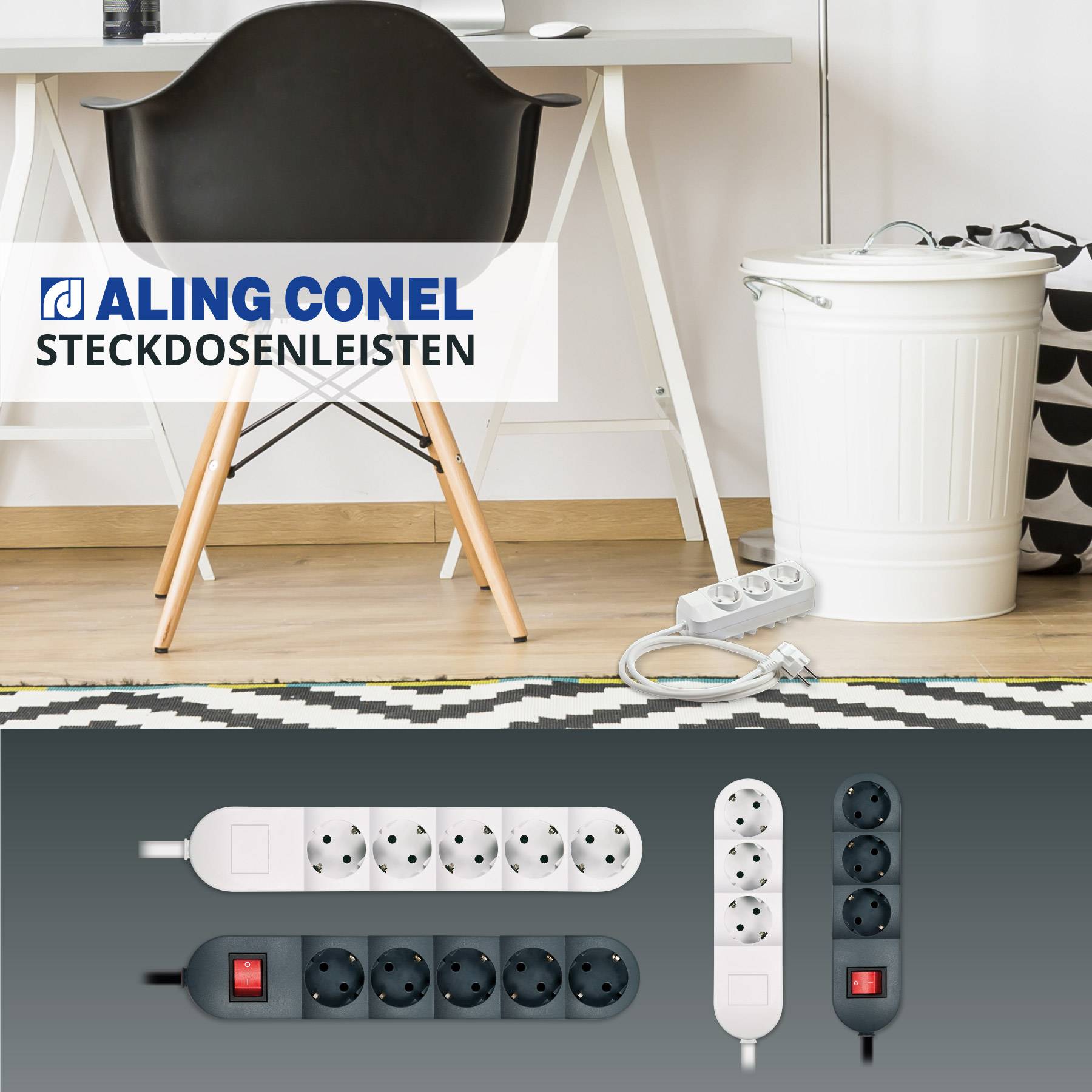 ALING-CONEL 5-fach Schutzkontakt Steckdosenleiste 16A/ 250V~ (5 m Verbindungskabel) Anthrazit