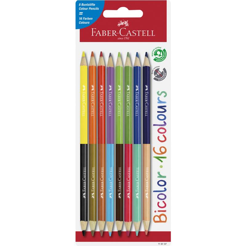 Ein Set von 8 Doppelfarbstiften von Faber-Castell, die 16 Farben darstellen. Hergestellt aus nachhaltigem Holz. Die Verpackung zeigt die Stifte nach Farben sortiert.