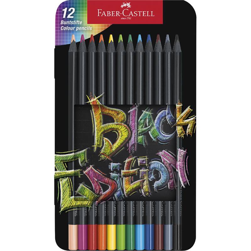 Faber-Castell Black Edition' Buntstift-Set mit 12 leuchtenden Farben, die auf schwarzem Hintergrund in einer Metallbox präsentiert werden.