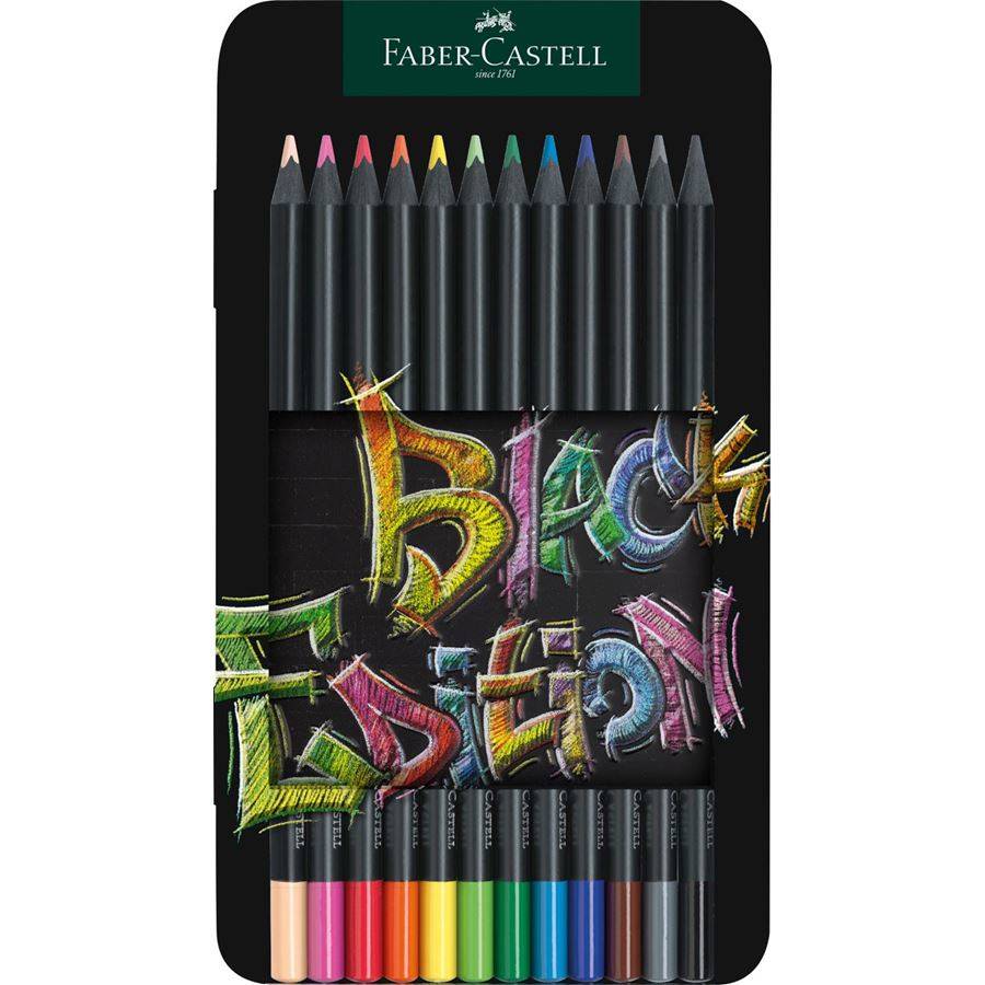 Faber-Castell Black Edition Buntstiftset mit 12 Stiften, präsentiert auf schwarzem Hintergrund, mit der Beschriftung „Black Edition".