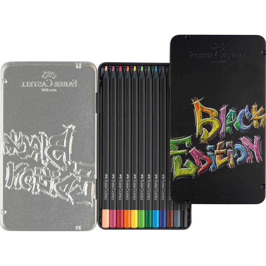 Bleistiftset Black Edition in einer Metalldose, mit schwarzen Bleistiften und coloriertem "Black Edition"" Graffiti-Stil-Deckel