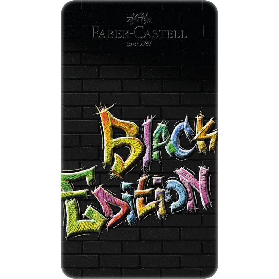 Bunte Graffiti-Schrift auf schwarzem Backsteinuntergrund zeigt "Black Edition"" mit Faber-Castell-Branding oben.
