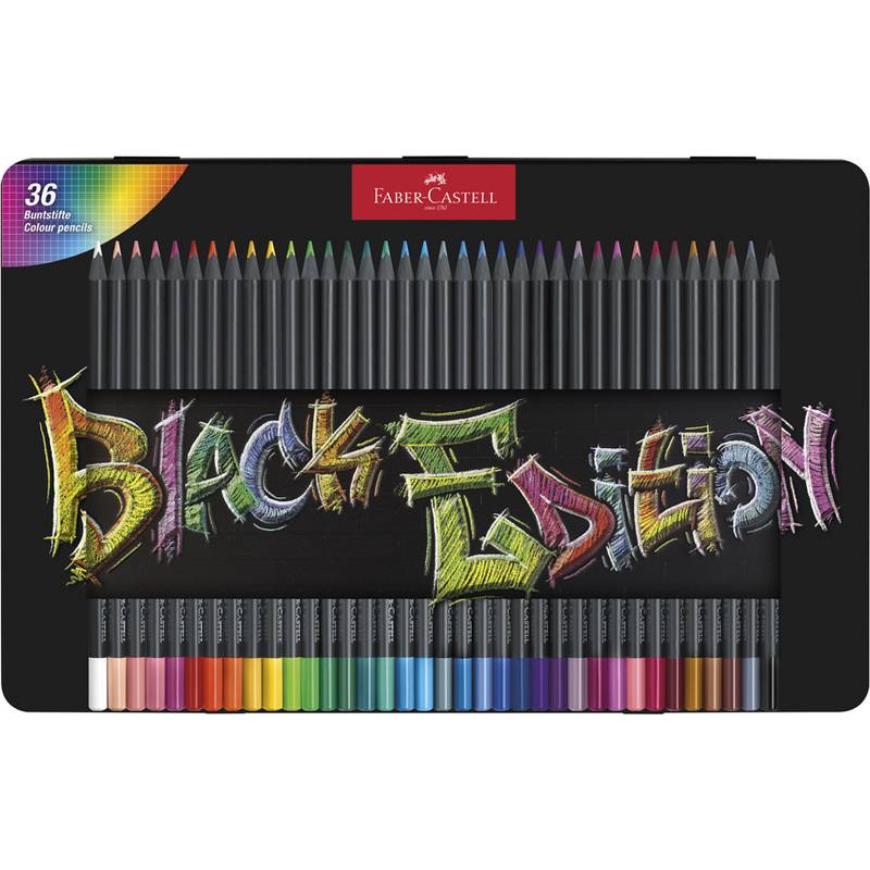 Faber Castell Black Edition' Künstler-Set mit 36 Farbstiften in verschiedenen Schattierungen, die in Reihen in einer rechteckigen schwarzen Box angeordnet sind.