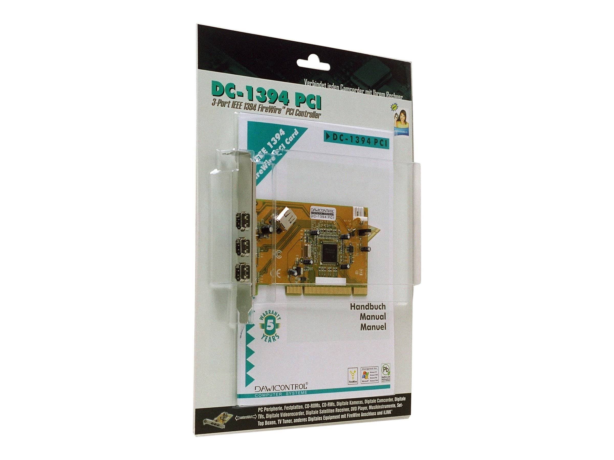 Verpackte DC-1394 PCI FireWire-Karte mit 3-Port IEEE 1394-Adapter, dargestellt in Einzelhandelsblistverpackung mit Handbuch und Treiberdisc-Abbildern.