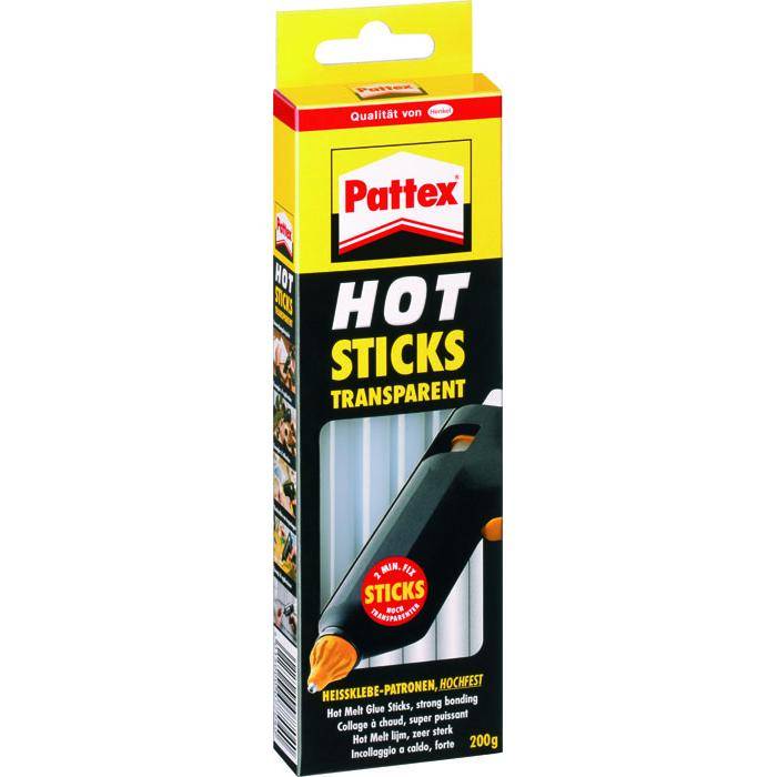 Pattex Hot Sticks Transparent Klebesticks-Packung, 200 g, mit einer Heißklebepistolen-Illustration auf der Vorderseite.