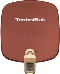TechniSat-Satellitensch üssel mit an der Unterseite angebrachter Montage-LNB, frontal vor neutralem Hintergrund dargestellt.