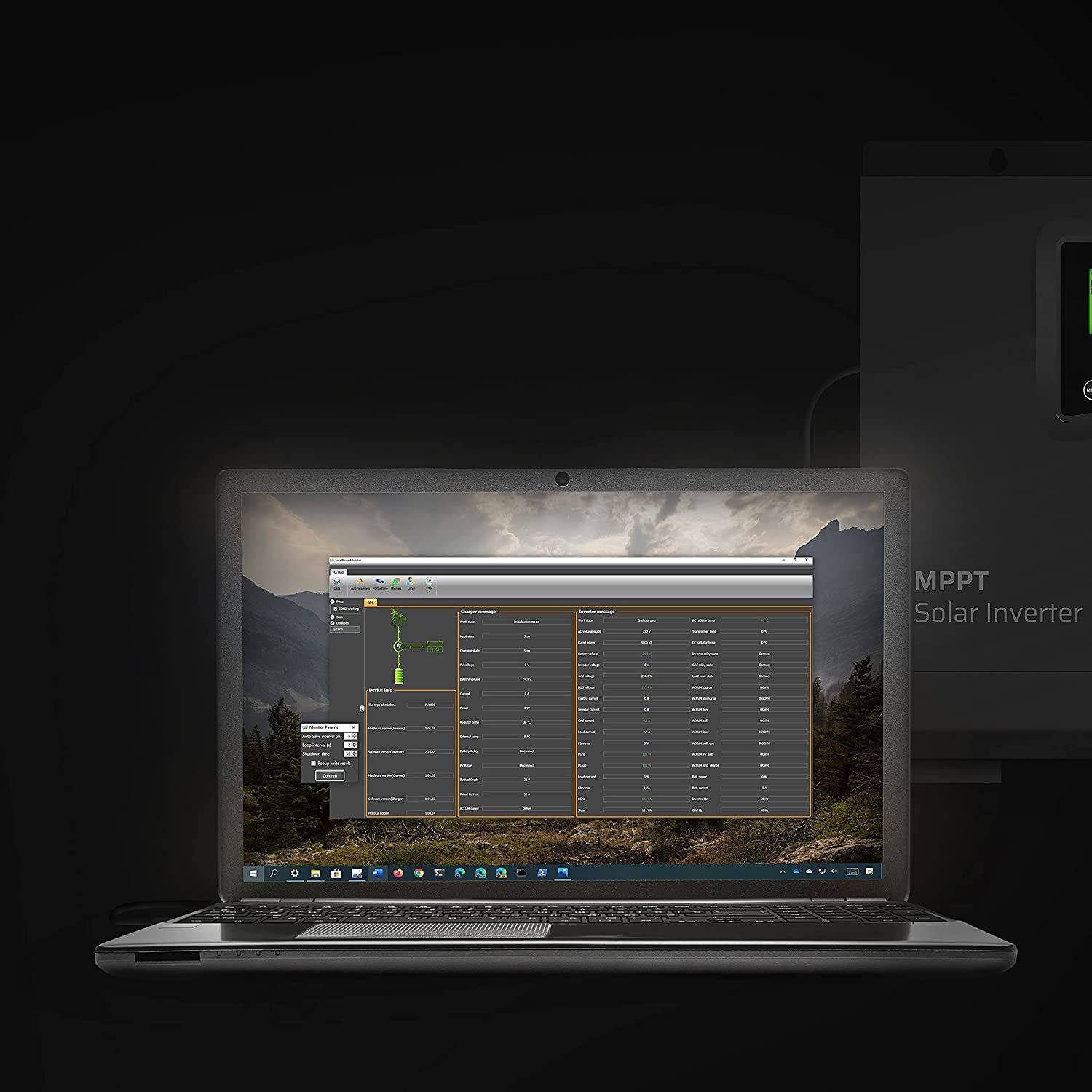 Laptop mit Überwachungssoftware für einen MPPT-Solarwechselrichter, mit System-Dashboard und Datentabellen über einer Berglandschaft-Hintergrundbild.