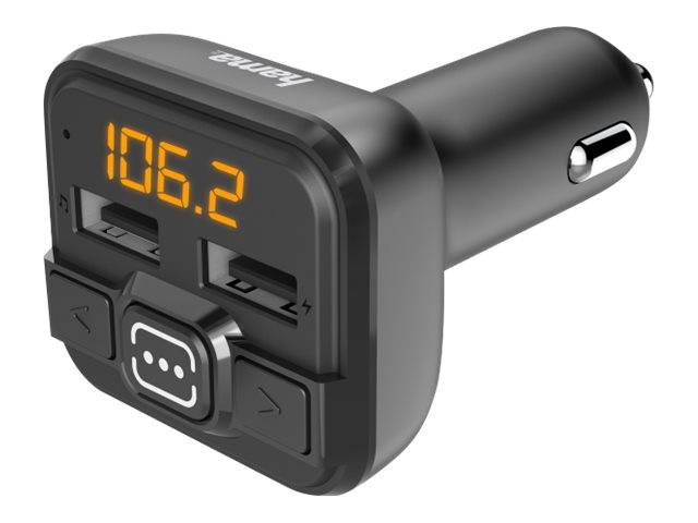 Bluetooth-FM-Transmitter im Auto mit Ladegerät und Display, das 106,2 anzeigt, mit zwei USB-Anschlüssen und Wiedergabesteuerung, eingesteckt in eine Zigarettenanzünder-Buchse.