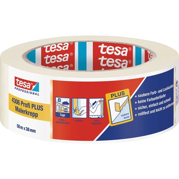 Malerkreppband 4306 Profi PLUS leicht gekreppt hellbeige L.50m B.38mm Rl.TESA Malerkreppband 4306 Profi PLUS leicht gekreppt hellbeige L.50m B.38mm Rl.TESA