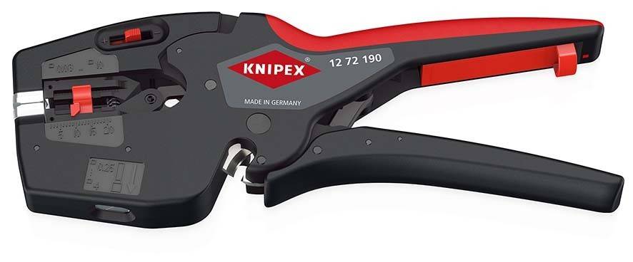 Schwarz-rotes KNIPEX-Drahtkrimpmerkzeug mit langen Griffen, in Seitenansicht auf weißem Hintergrund dargestellt.