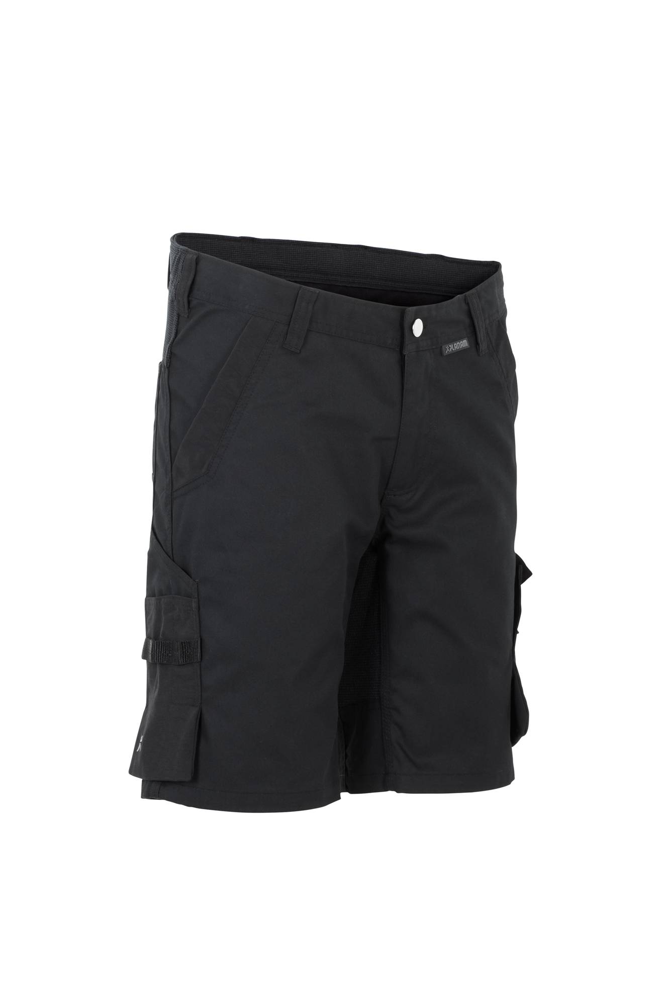 Schwarze Cargo-Shorts mit mehreren Taschen, Knopfverschluss und Gürtelschlaufen, konzipiert für lässige Freizeitkleidung.