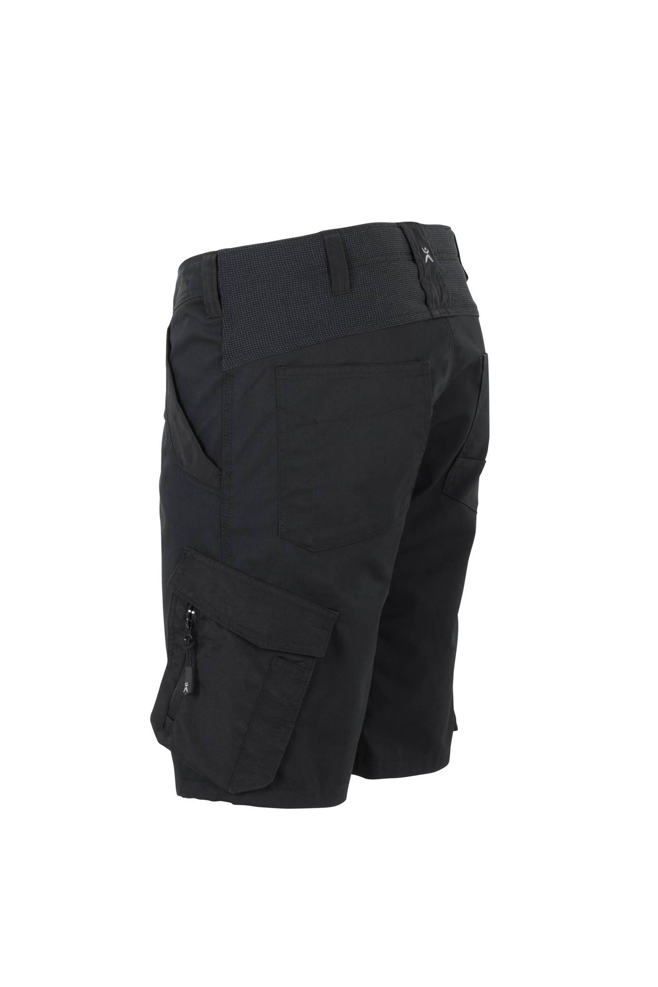 Schwarze Cargo-Shorts mit mehreren Taschen, von hinten betrachtet. Ausgestattet mit einem elastischen Bund und einer seitlichen Reißverschlusstasche.