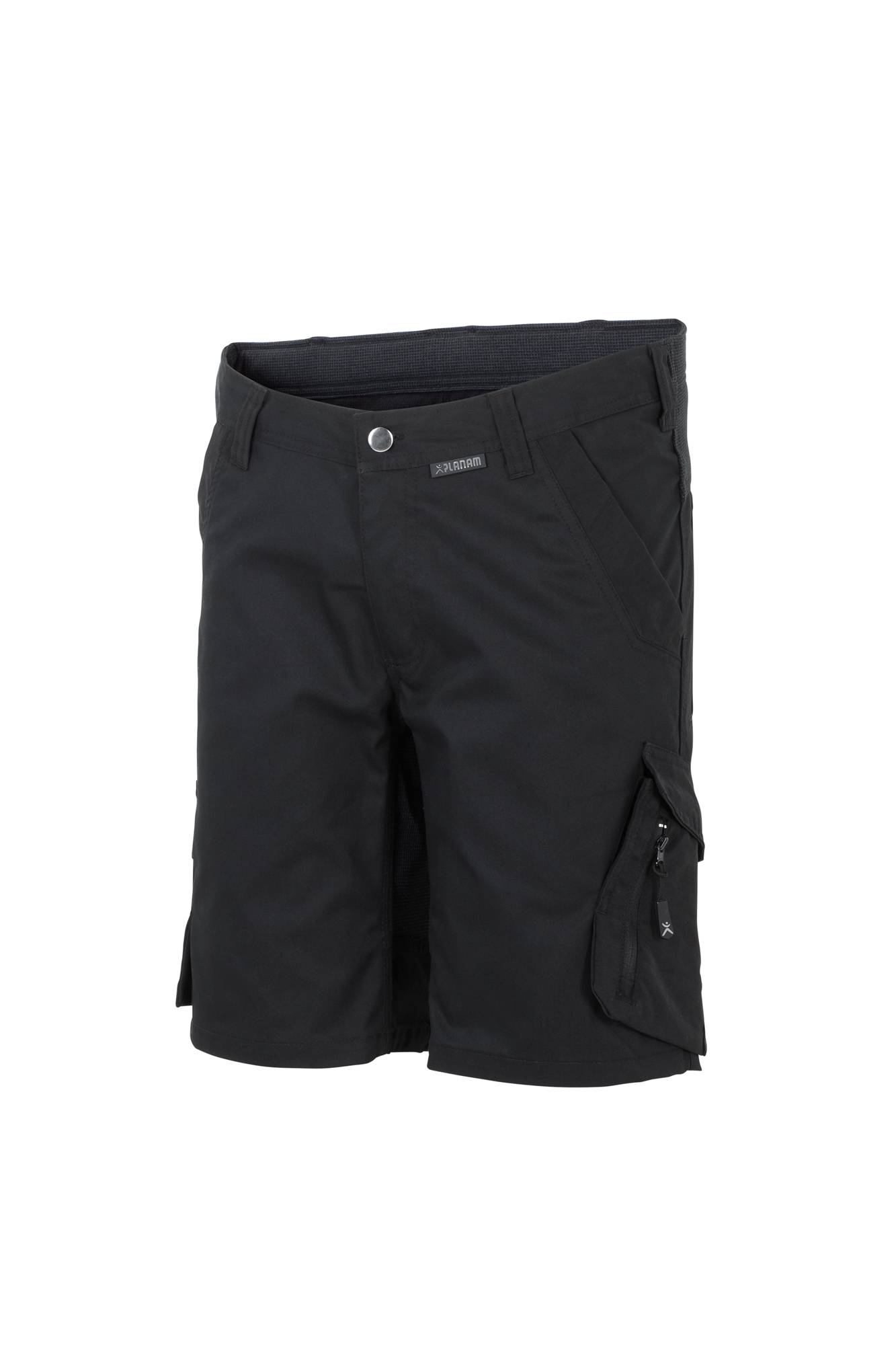 Schwarze Cargo-Shorts mit mehreren Taschen, Knopf- und Reißverschlussverschluss.