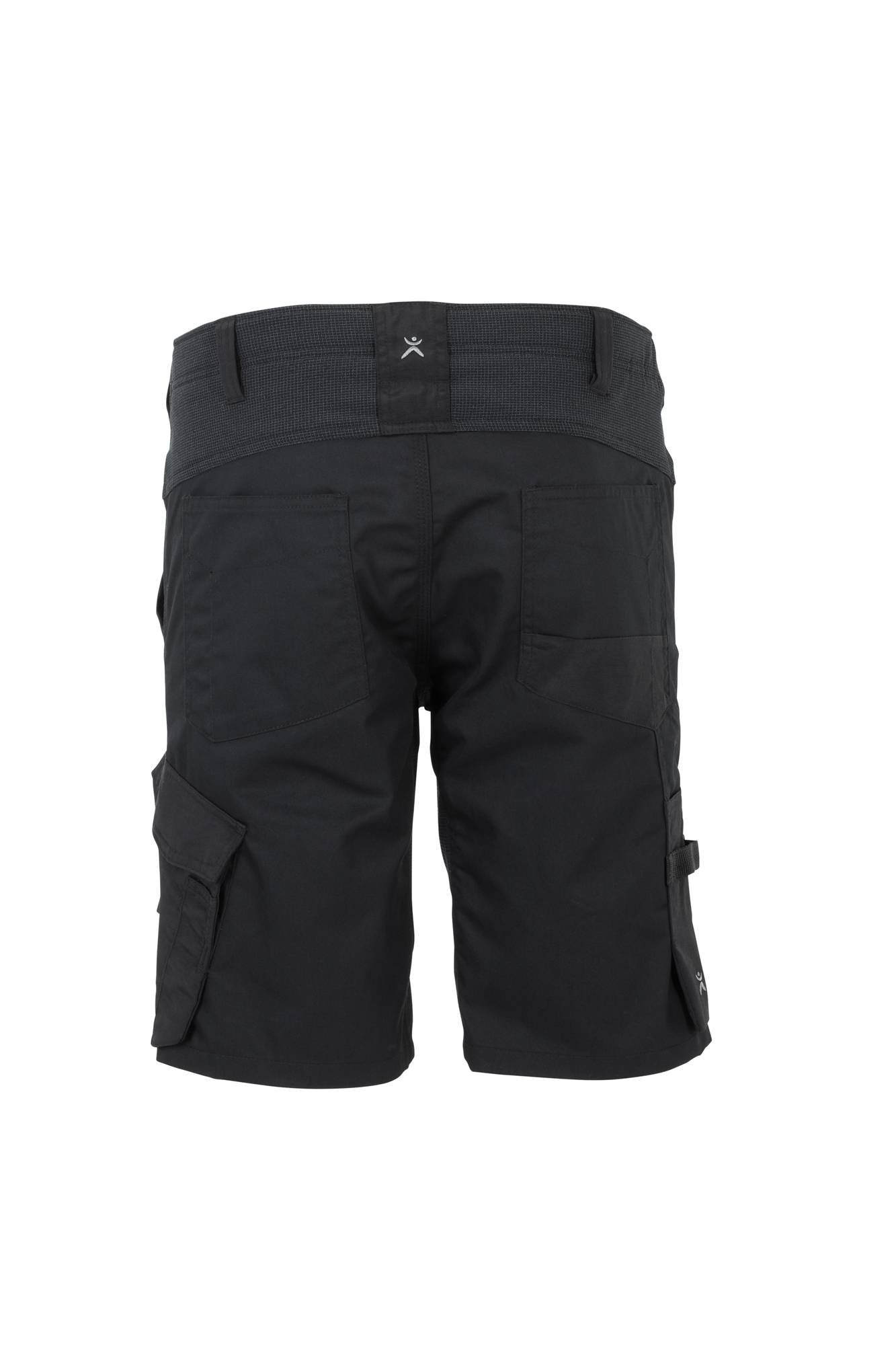 Schwarze Cargo-Shorts mit mehreren Taschen, Gürtelschlaufen und einem Logo am Bund. Die Shorts werden von hinten präsentiert.