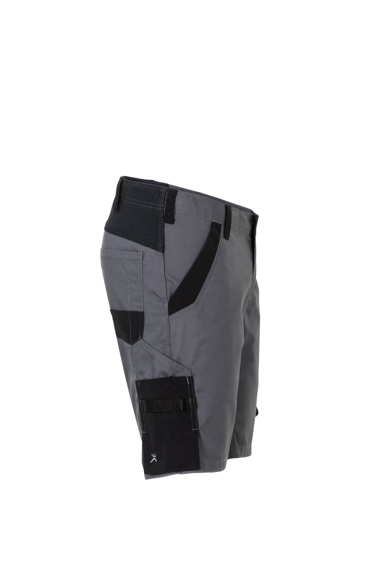 Graue Utility-Shorts mit schwarzen Akzenten, ausgestattet mit mehreren Taschen und einem Klettverschluss an einer Seite, in Seitenansicht präsentiert.