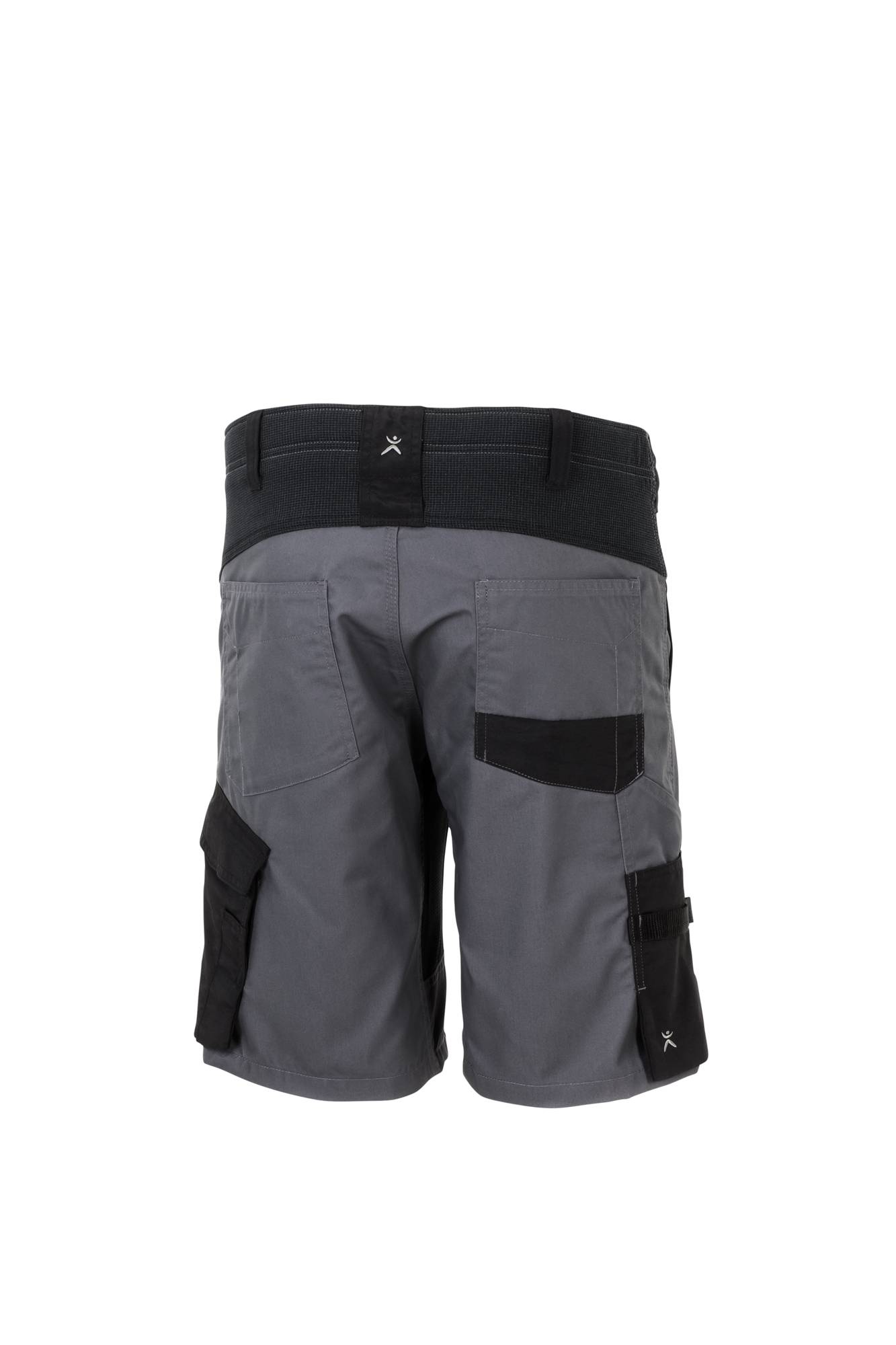 Herren-Cargo-Shorts in Grau mit schwarzem Bund, Rückenansicht, mit mehreren Taschen.