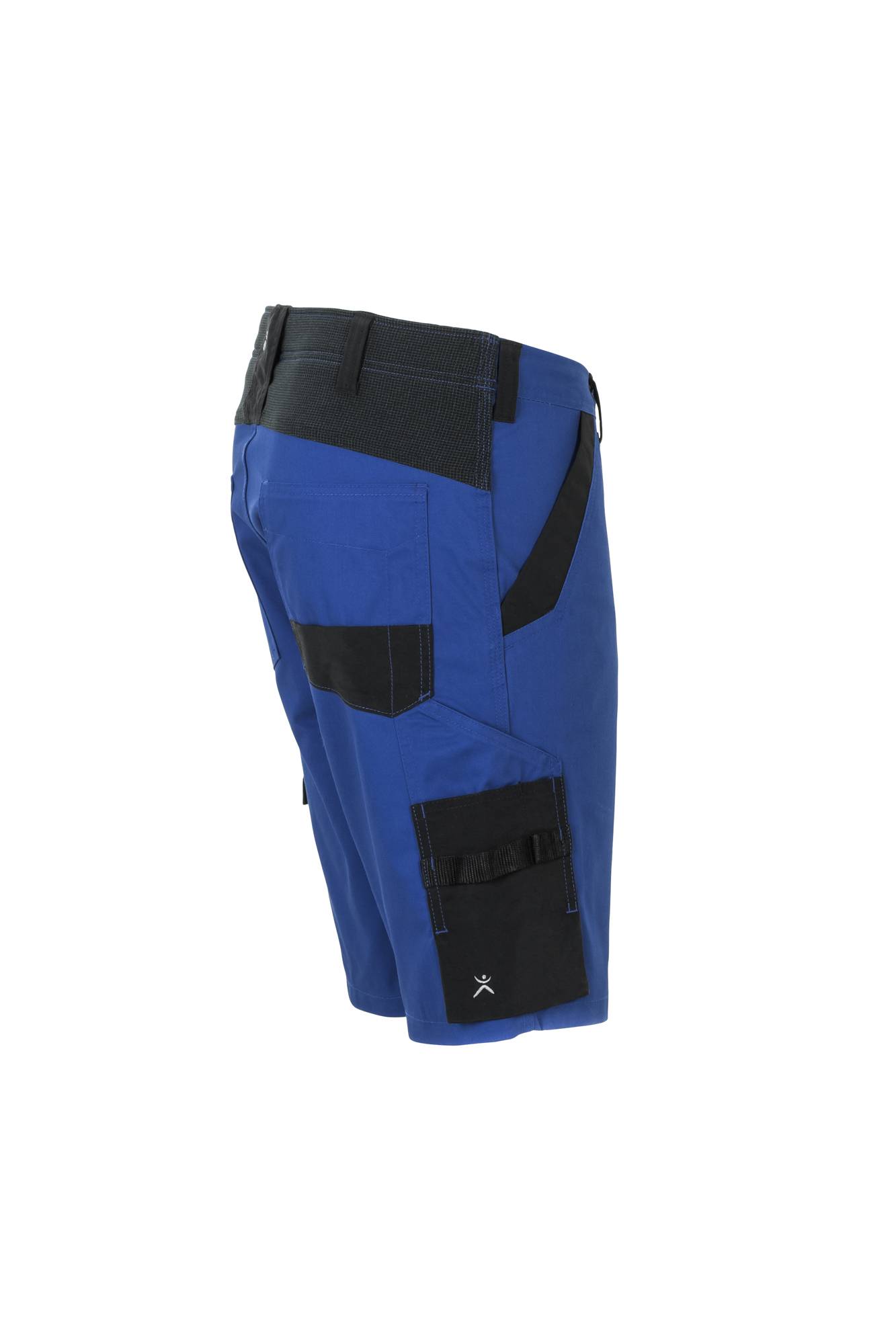 Blaue Arbeitsshorts mit schwarzen Akzenten, ausgestattet mit mehreren Taschen, darunter eine Seitentasche und eine schwarze Werkzeugschlaufe am linken Bein.