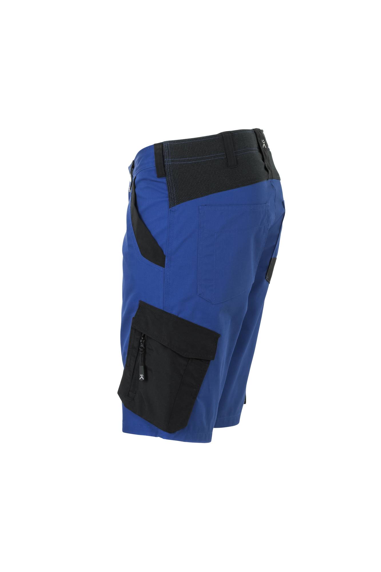 Blaue Cargo-Shorts mit schwarzen Akzenten an den Taschen und der Taille, von der Seite gezeigt, wobei die Funktionen der Utility-Tasche und das lässige Design hervorgehoben werden.