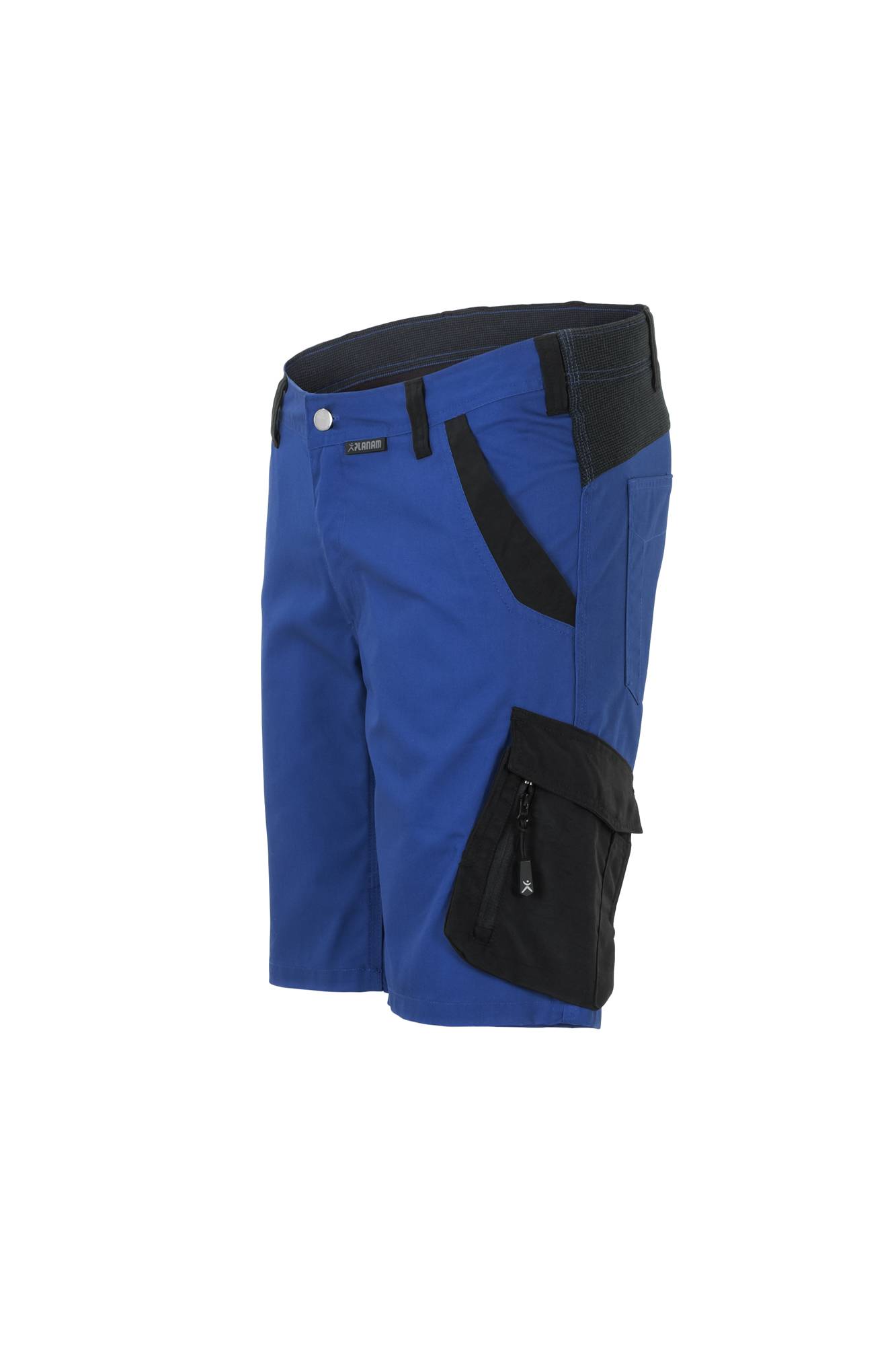 Blaue Outdoor-Shorts mit schwarzen Seiteneinsätzen und einer Reißverschlusstasche, konzipiert für Wanderungen oder lässige Aktivitäten.