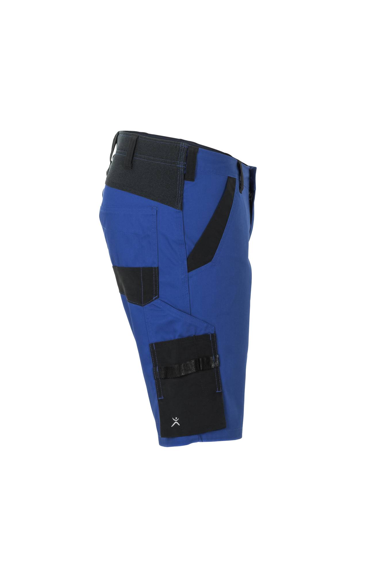 Blaue Arbeitsshorts mit schwarzen Utility-Taschen an den Seiten, designed für Praktikabilität und Haltbarkeit.