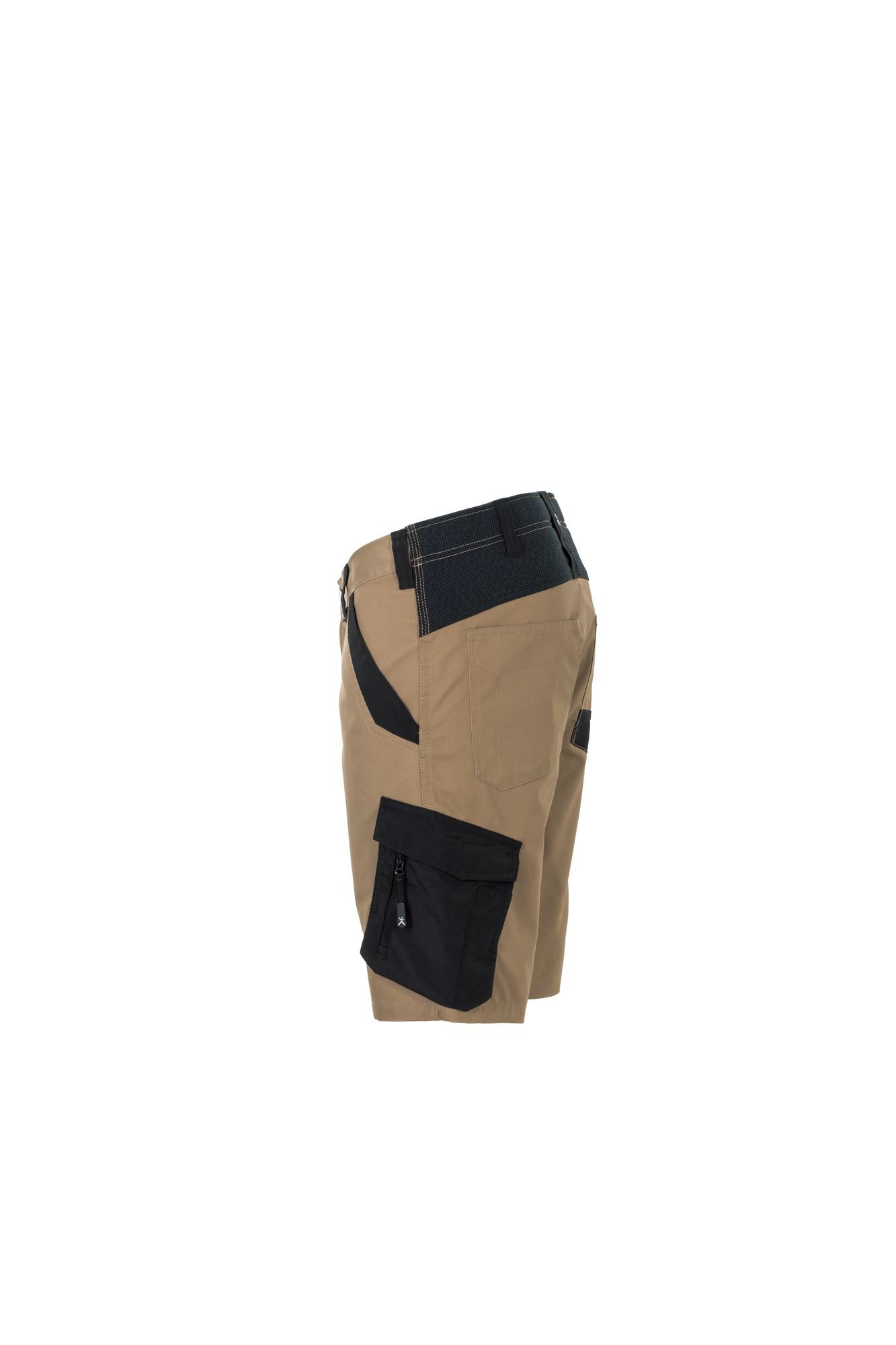 Kurze Utility-Shorts in Braun und Schwarz mit seitlichen Taschen, die zum Tragen von Werkzeugen und Zubehör entwickelt wurden.