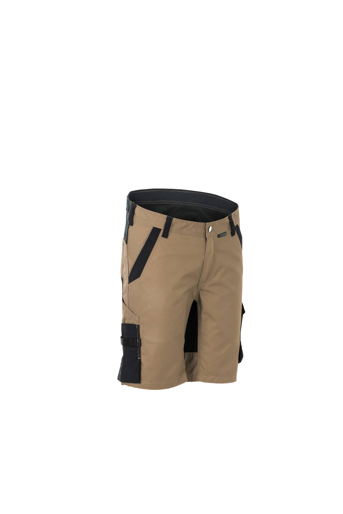 Braune und schwarze Utility-Shorts mit mehreren Taschen, für praktische Verwendung konzipiert, auf einem einfarbigen Hintergrund präsentiert.