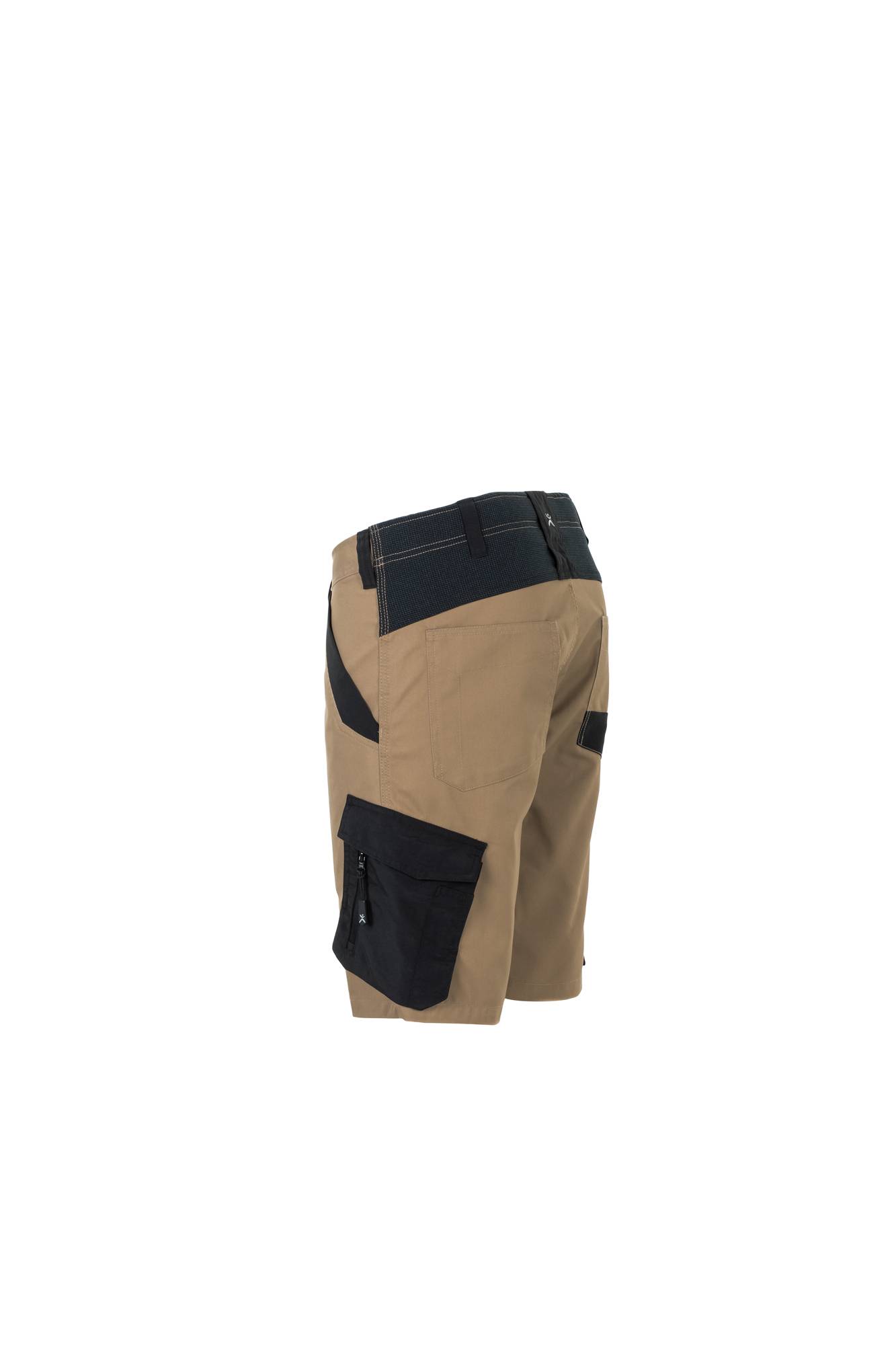 Kurze Arbeitsshorts in Tan und Schwarz mit mehreren Taschen, einschließlich einer seitlichen Reißverschlusstasche und verstärkten Bereichen für Langlebigkeit. Seitenansicht.