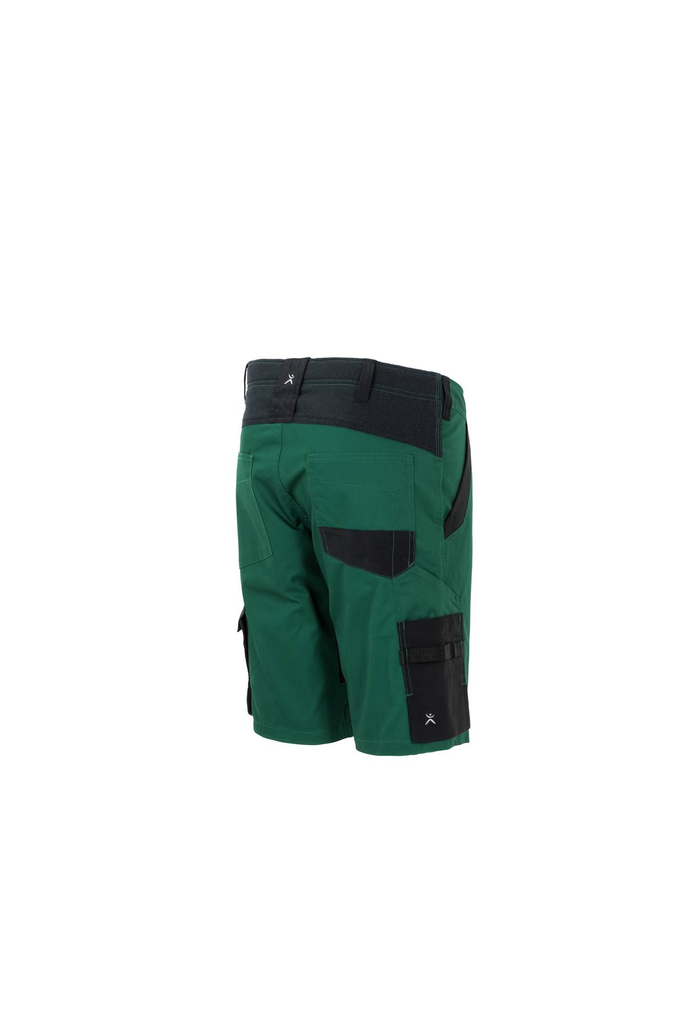 Grüne und schwarze Arbeitsshorts mit mehreren Taschen an den Seiten, entwickelt für Langlebigkeit und Funktionalität.