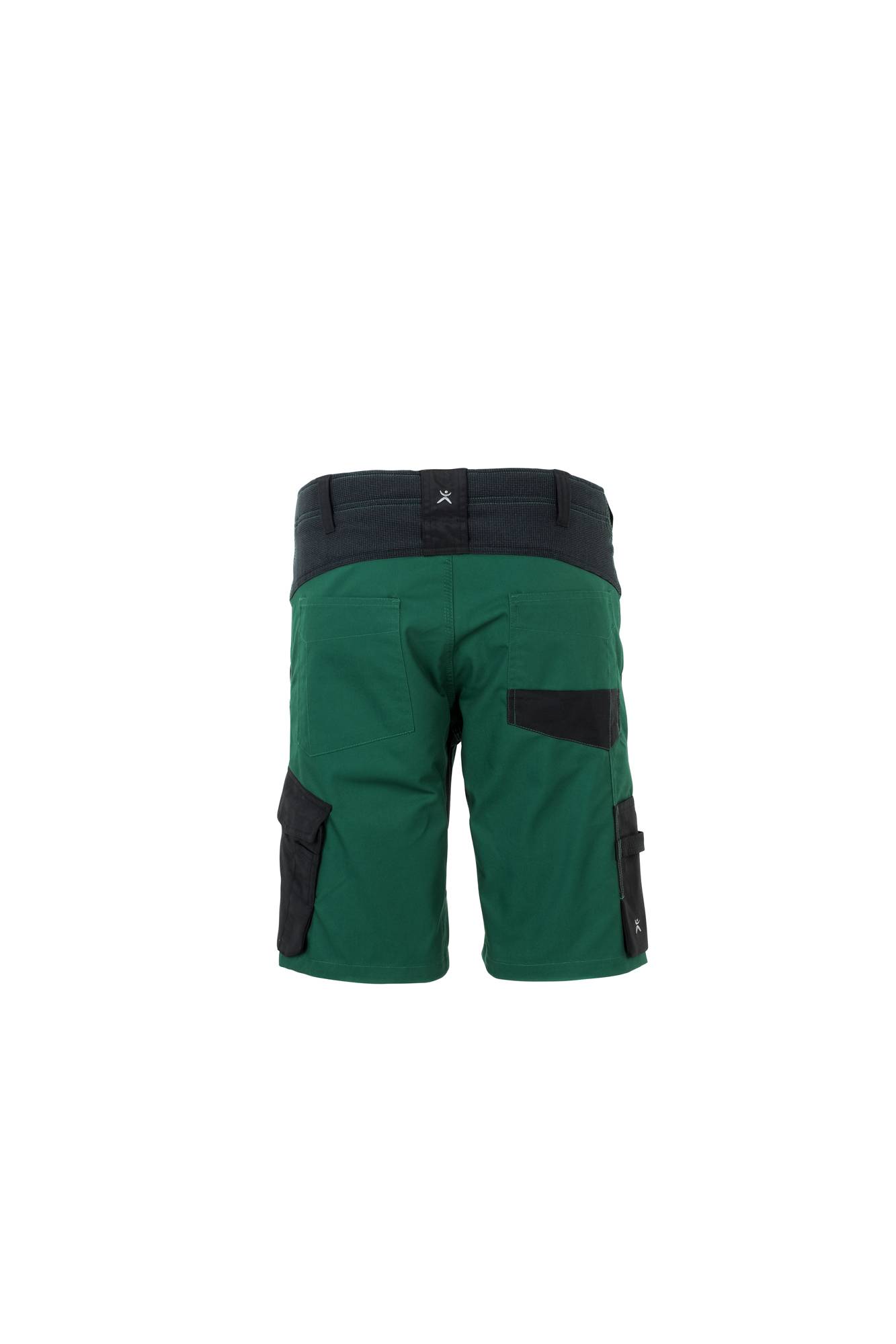 Grüne und schwarze Arbeitsshorts mit mehreren Taschen, Rückansicht.