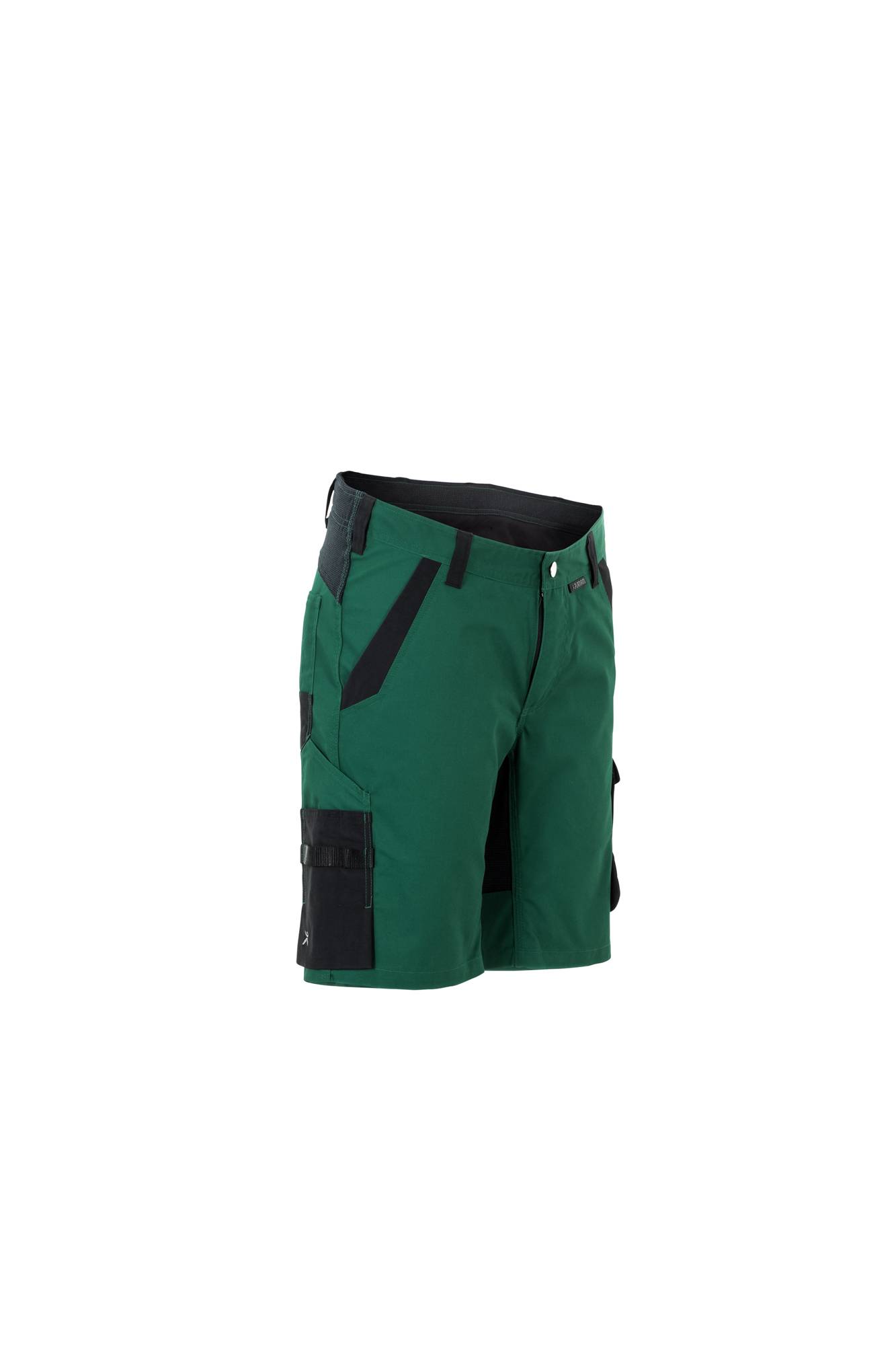 Grüne und schwarze Cargo-Shorts mit mehreren Taschen, entwickelt für Outdoor-Aktivitäten.