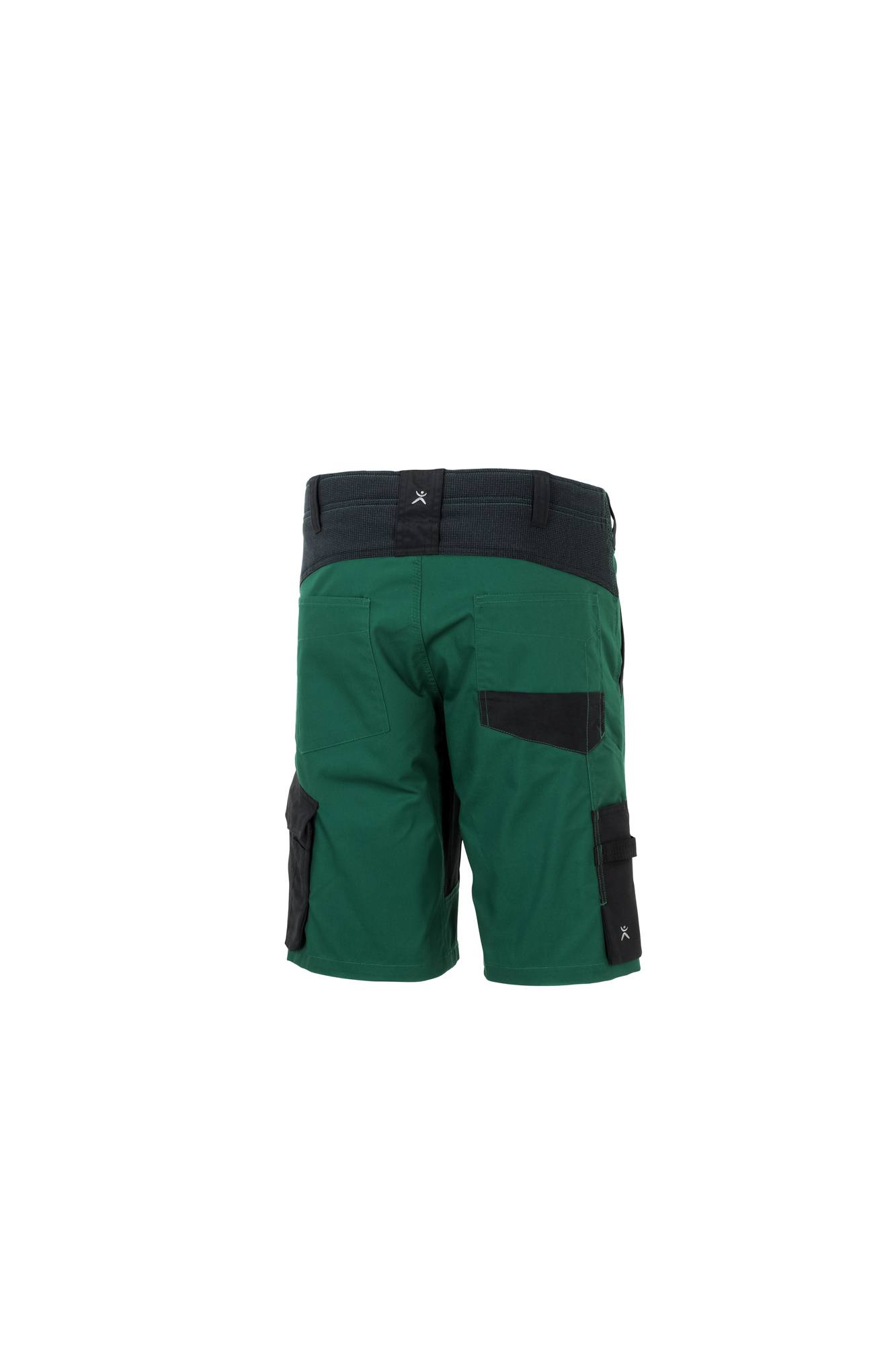 Grüne und schwarze Arbeitsshorts mit mehreren Taschen und verstärktem Bund, von hinten betrachtet.