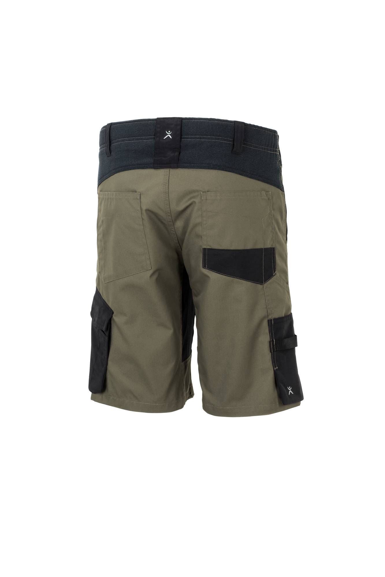 Olivgrüne Cargo-Shorts mit schwarzen Akzenten, mit mehreren Taschen und Gürtelschlaufen, von hinten betrachtet.