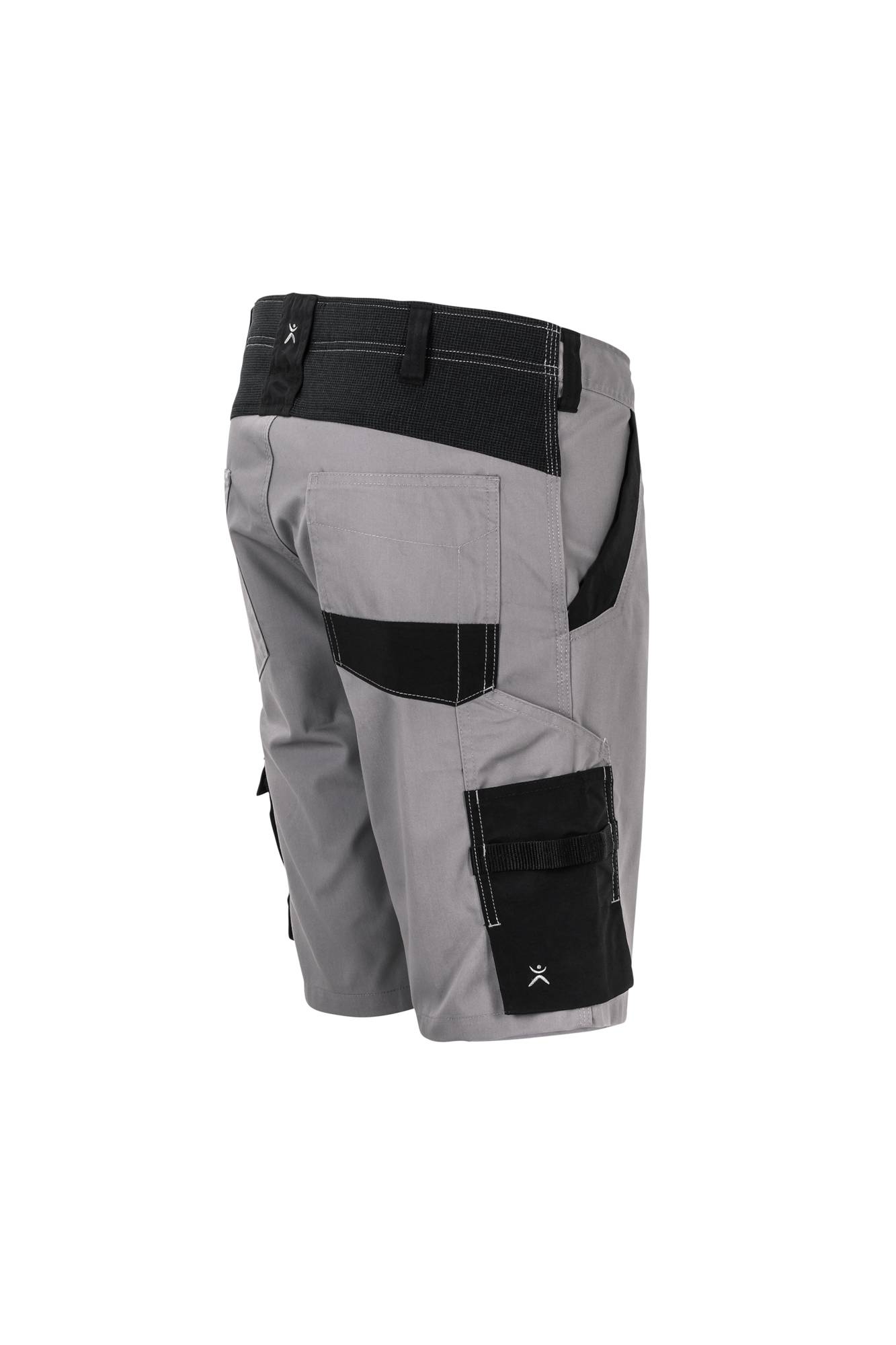 Graue und schwarze Utility-Shorts mit mehreren Taschen und verstärkten Nähten, aus der Rückansicht von links betrachtet.