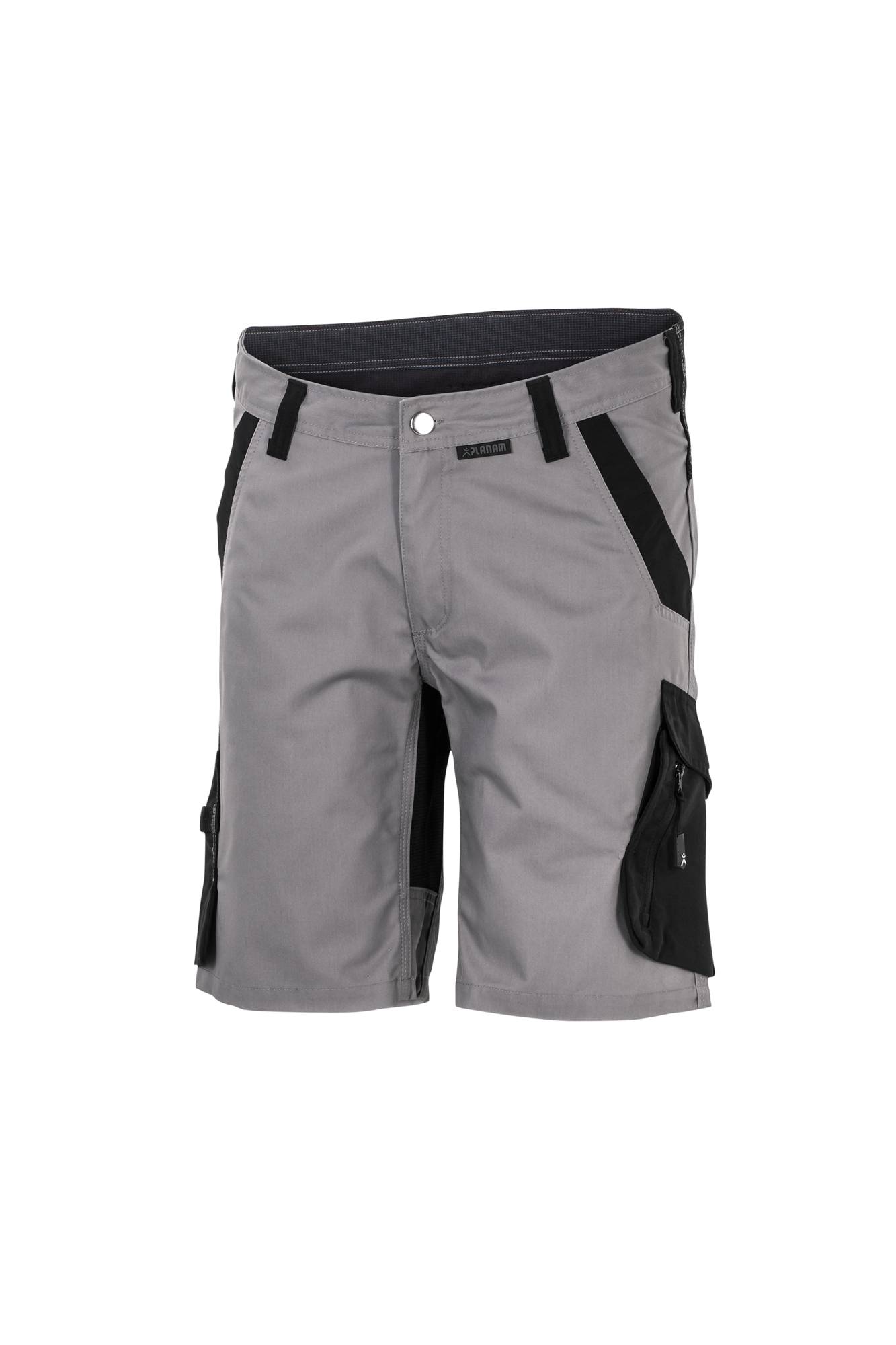Graue und schwarze Cargo-Shorts mit Seitentaschen und Knopfverschluss, konzipiert für lässige oder Outdoor-Aktivitäten.