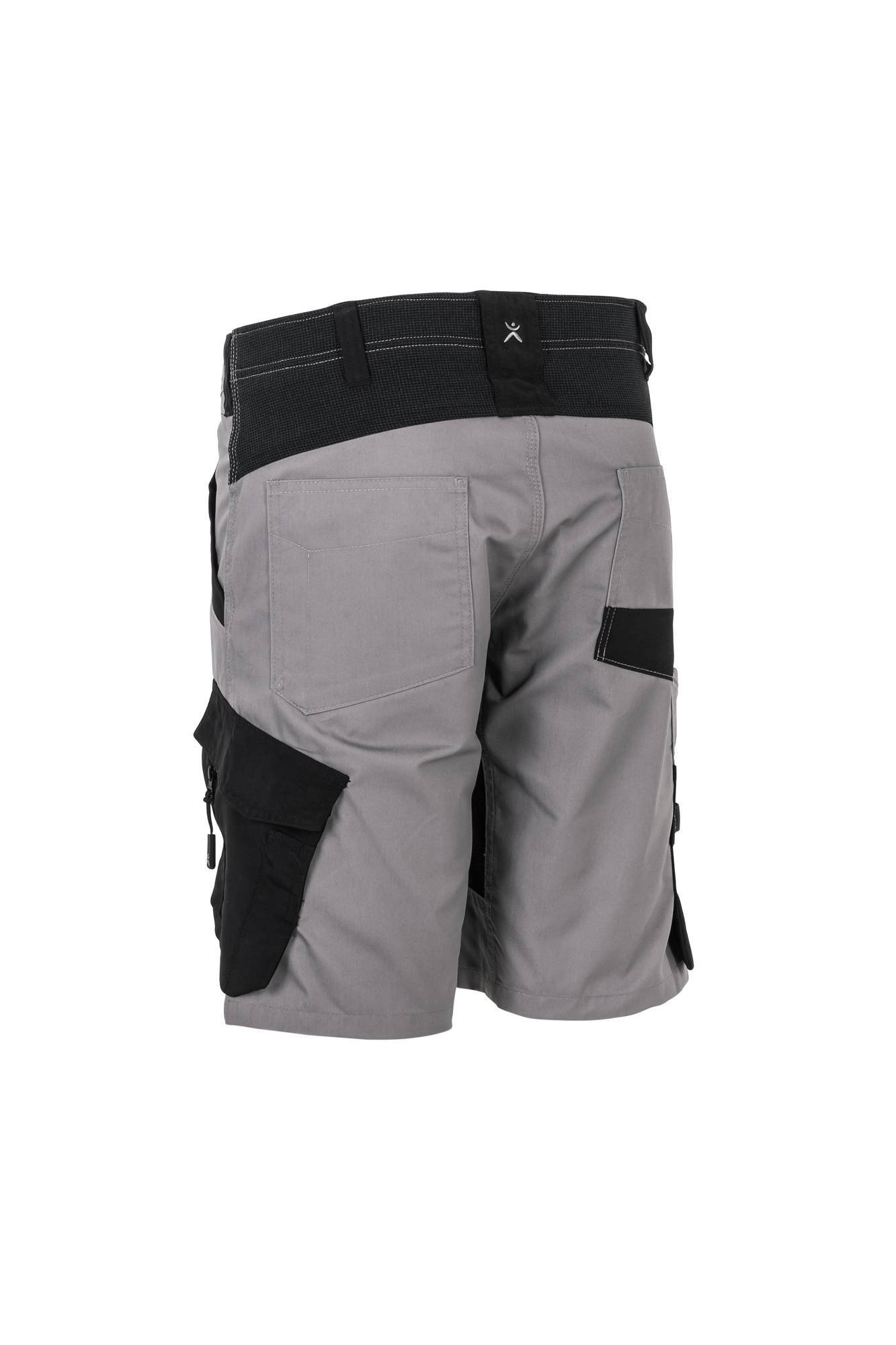 Graue Arbeitsshorts mit schwarzen Taschen und Bund, geeignet für Outdoor- oder manuelle Arbeitstätigkeiten.