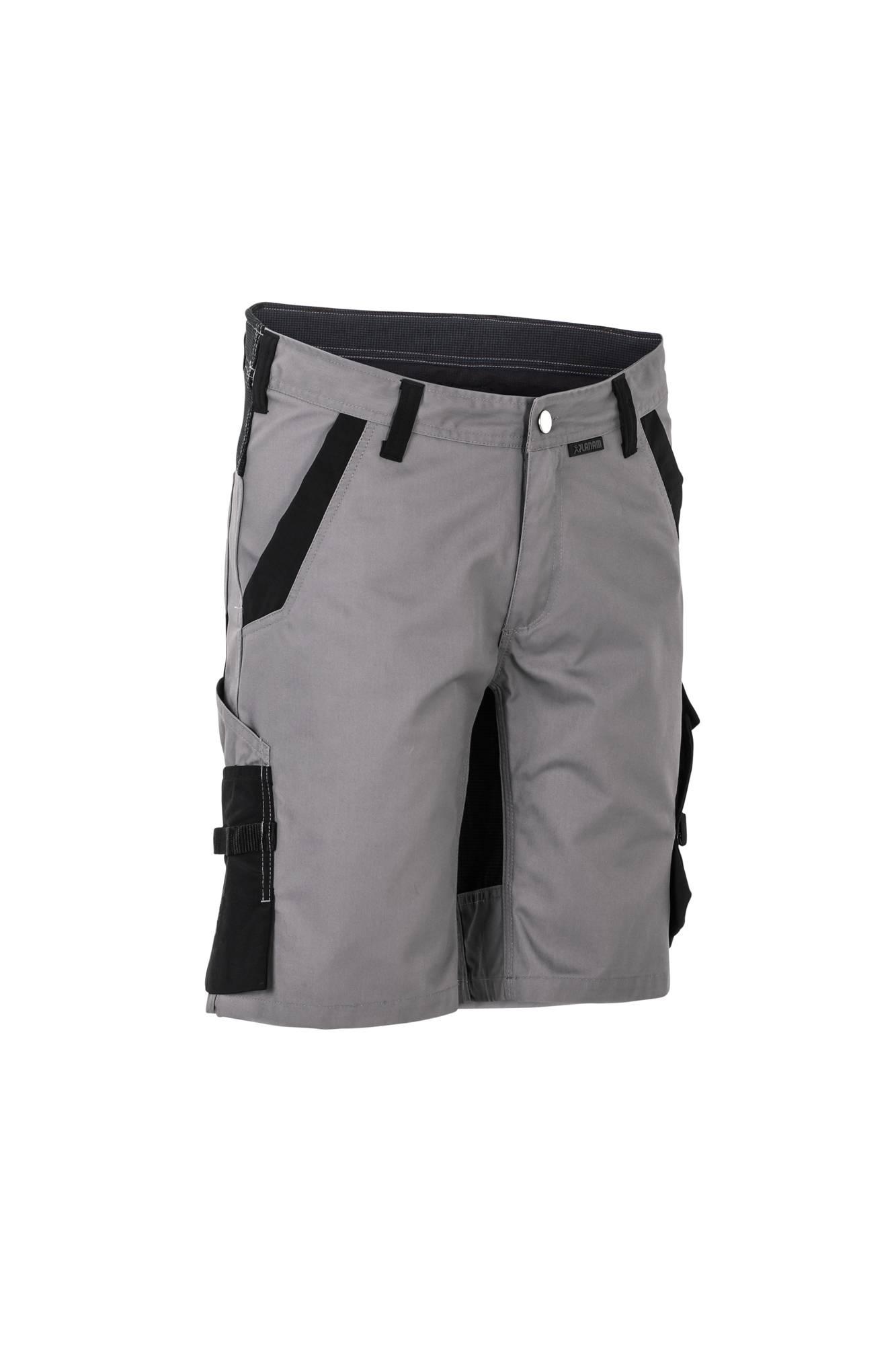Graue Arbeitsshorts mit schwarzen Akzenten, mehreren Taschen und Knopfverschluss.