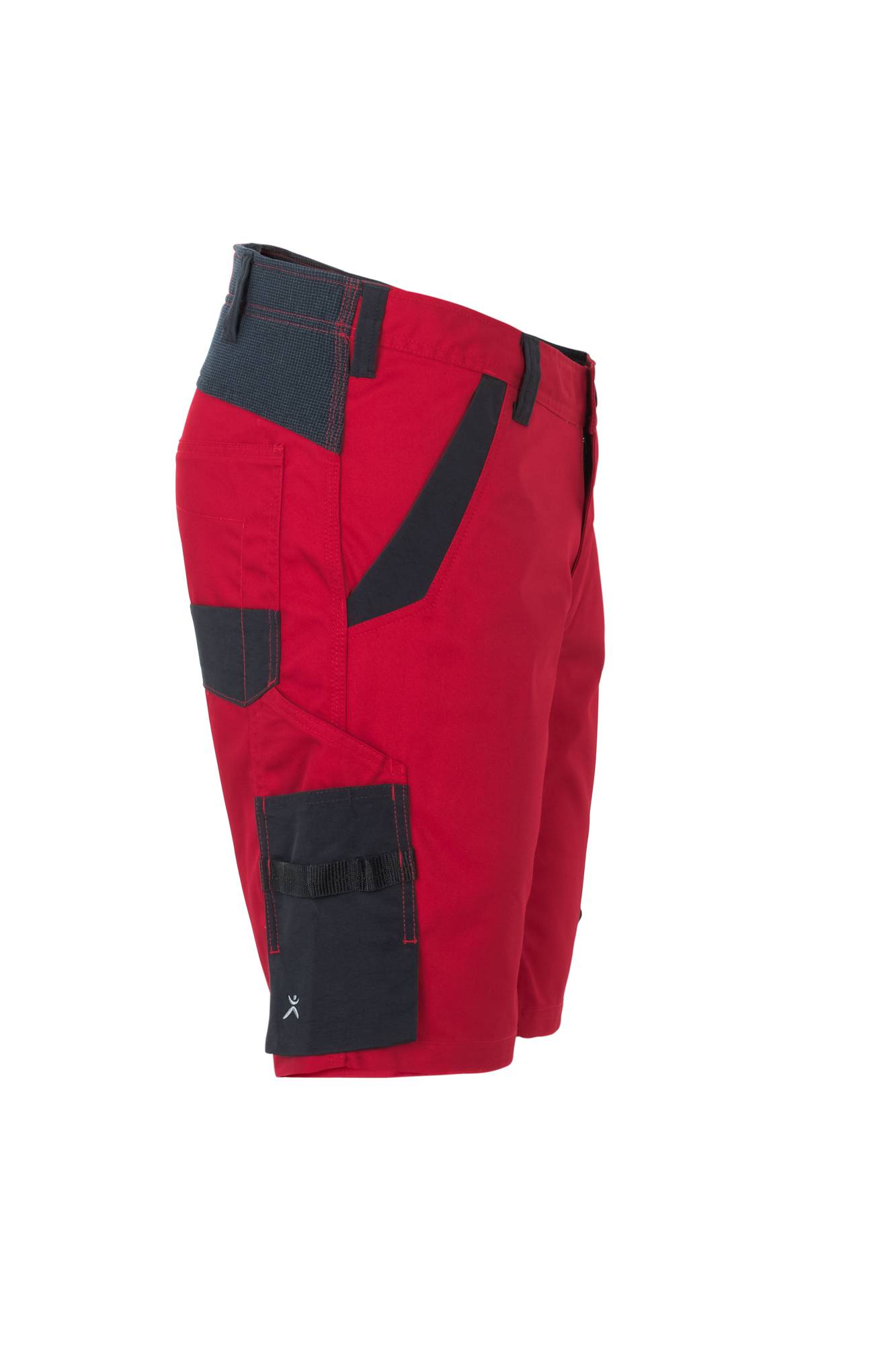 Rote Arbeitsshorts mit schwarzen Taschen und Akzenten, ausgestattet mit mehreren Utility-Taschen, geeignet für professionelle oder industrielle Einsätze.