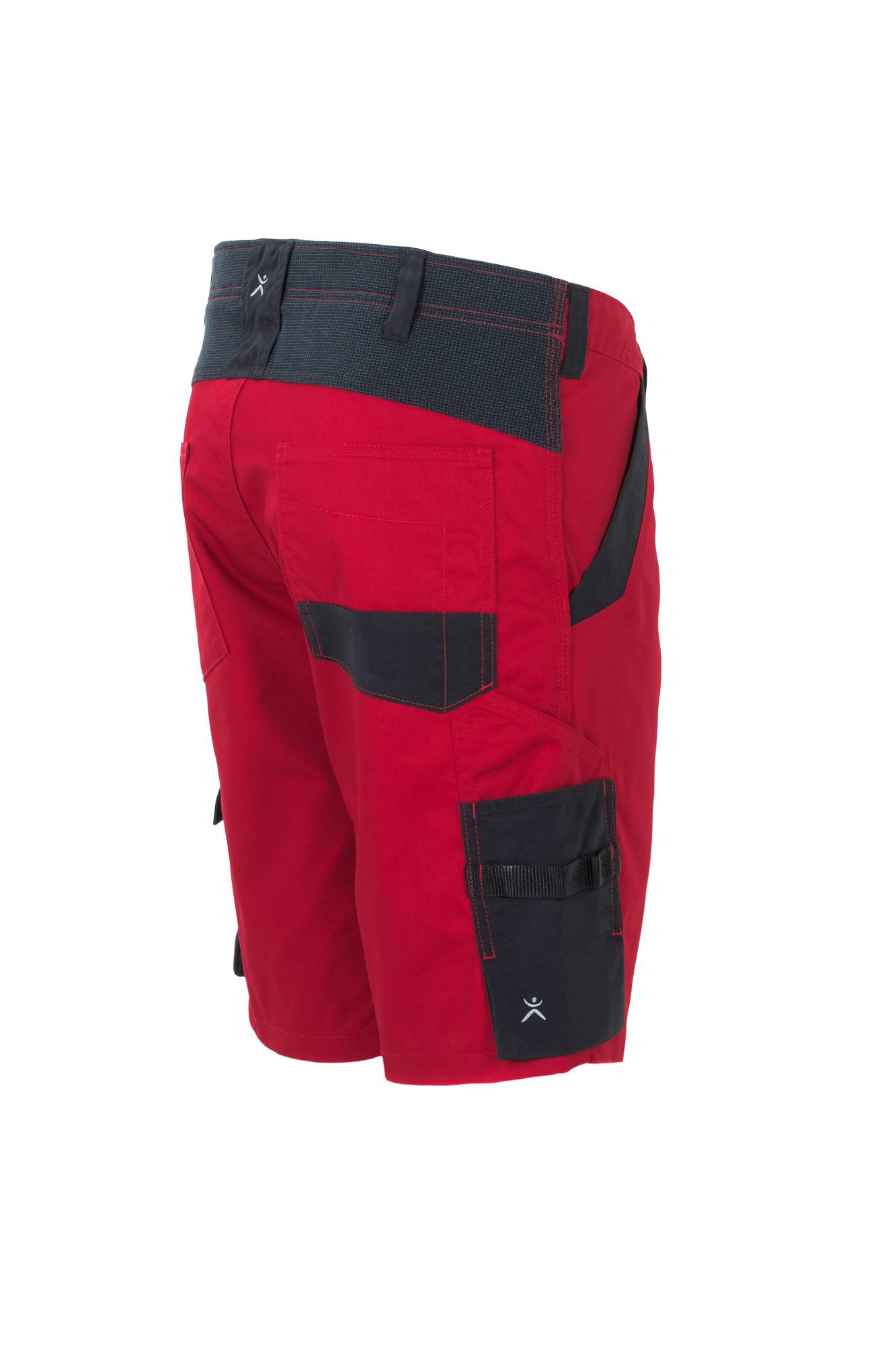 Rote Arbeitsshorts mit mehreren schwarzen Taschen und Cargo-Details, entwickelt für praktischen Einsatz und Funktionalität.