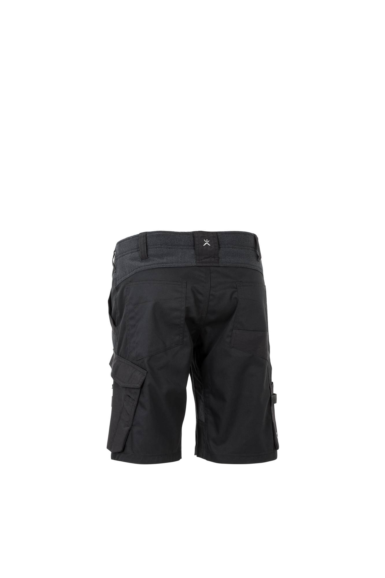Schwarze Cargo-Shorts, von hinten betrachtet, mit Taschen und einem Gürtel.