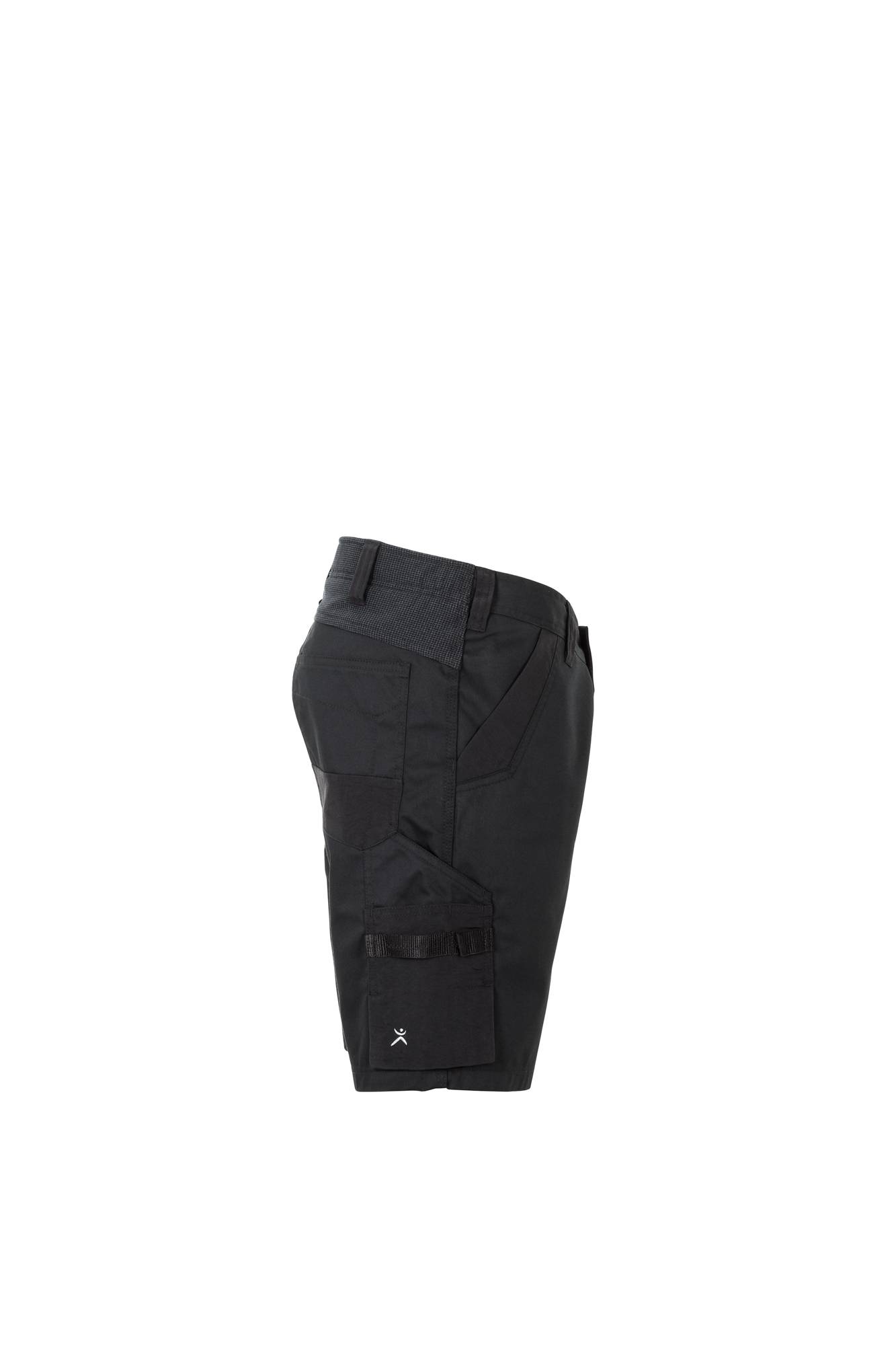 Schwarze Cargo-Shorts mit mehreren Taschen und einem seitlichen Gurt, von der Seite präsentiert.