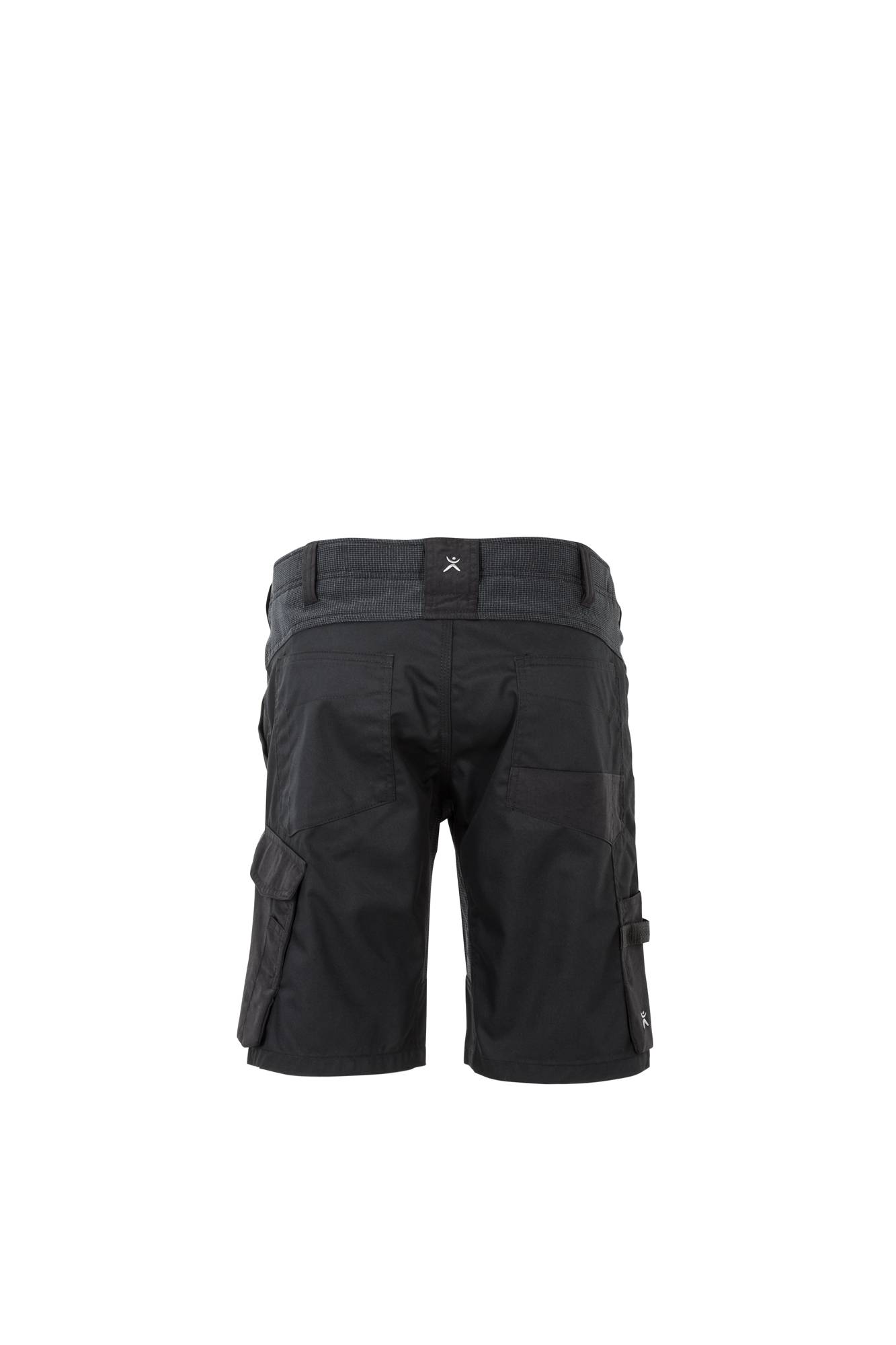 Schwarze Utility-Shorts mit mehreren Taschen und einem Gürtel, von hinten gesehen.