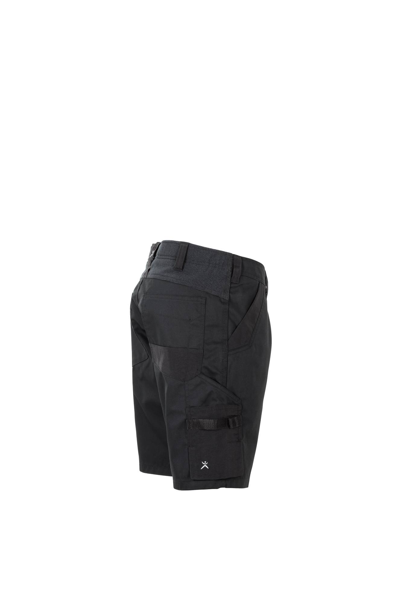 Schwarze Cargo-Shorts mit mehreren Taschen, von der Seite gezeigt. Ideal für Outdoor- oder Zweckgebrauch, mit taktischem Design.