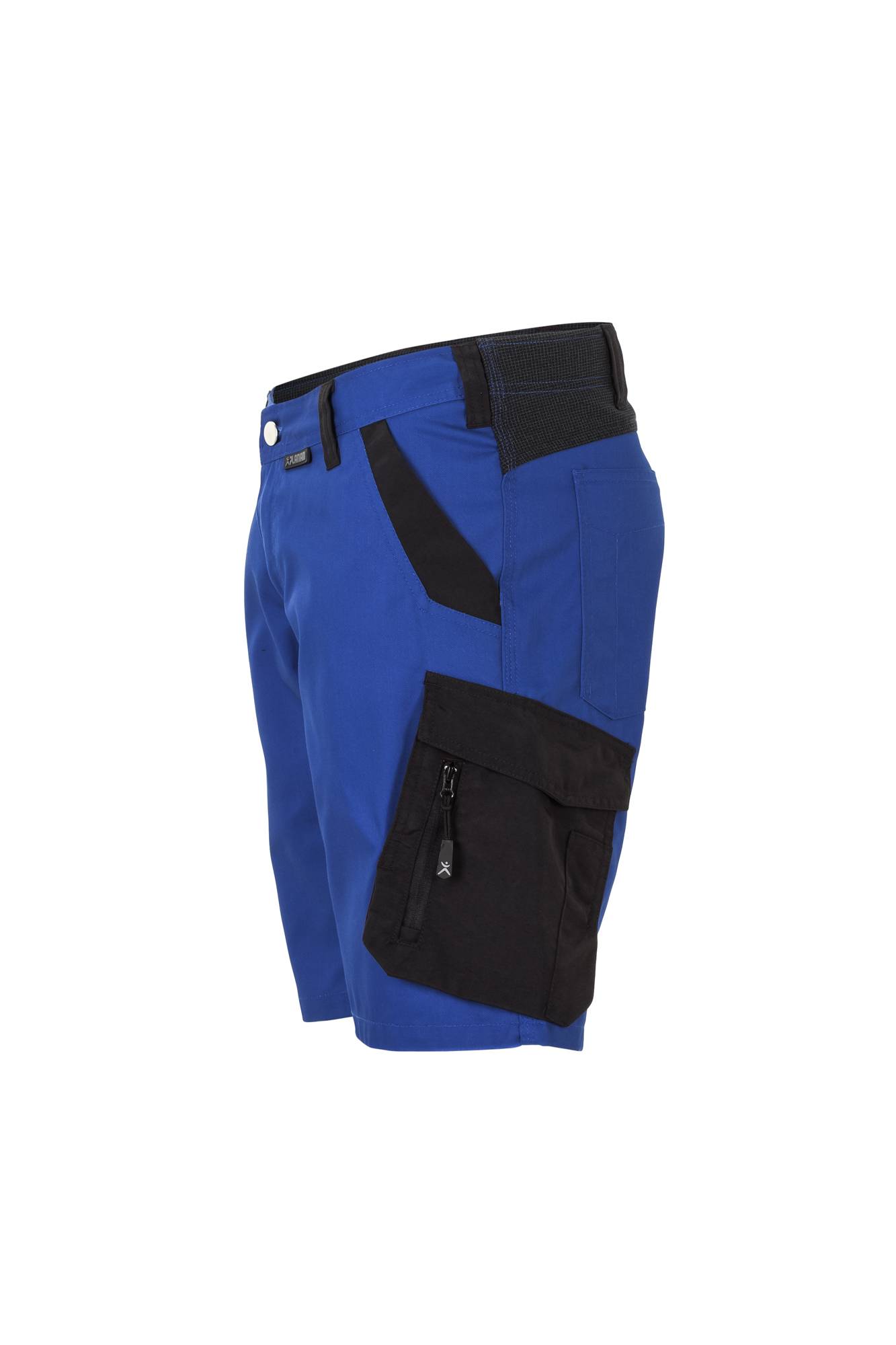 Blaue und schwarze Cargo-Shorts mit mehreren Taschen, Seitenansicht.