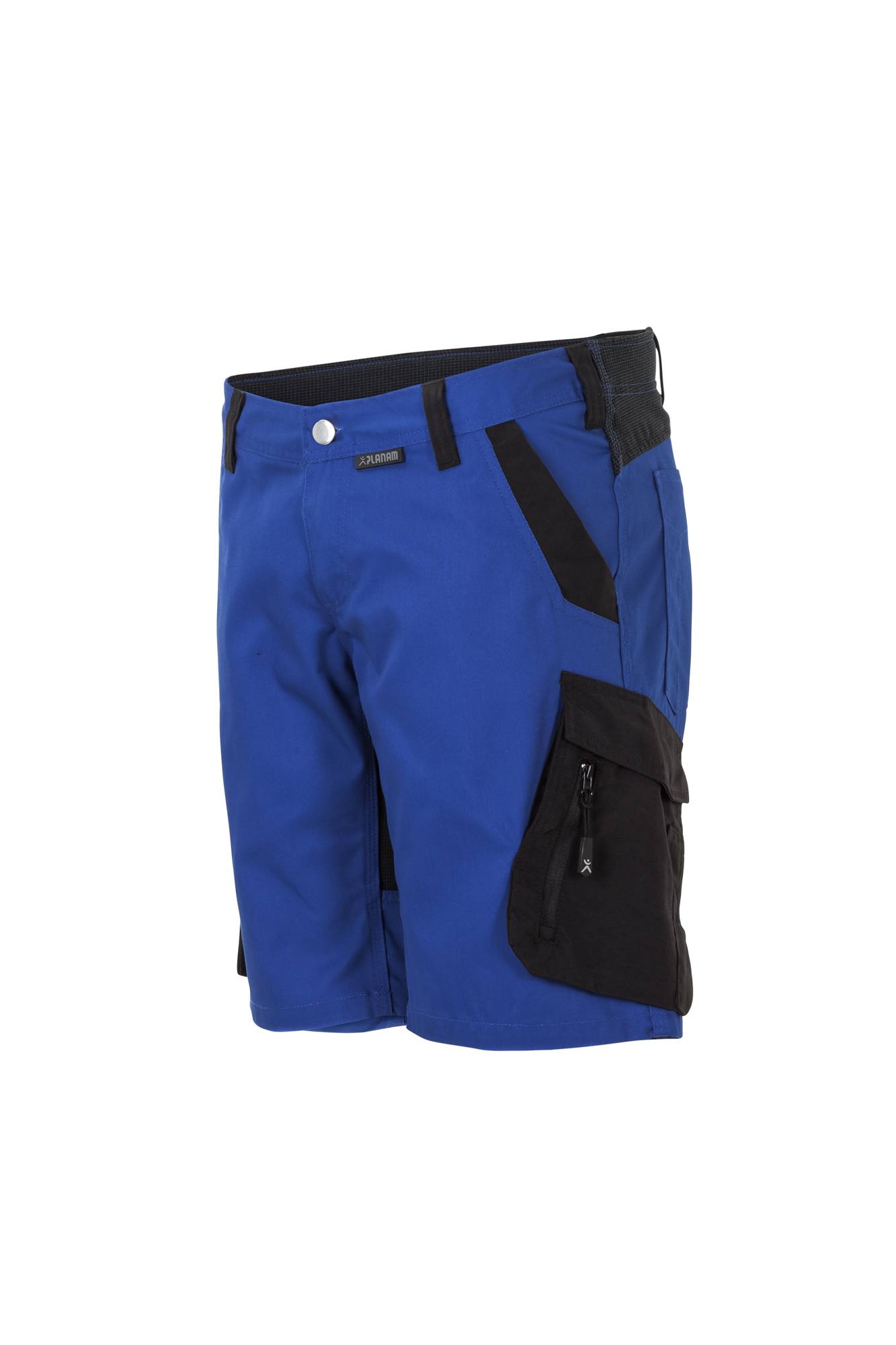 Blaue und schwarze Cargo-Shorts mit Reißverschluss und Taschen, speziell für Outdoor-Aktivitäten entwickelt.