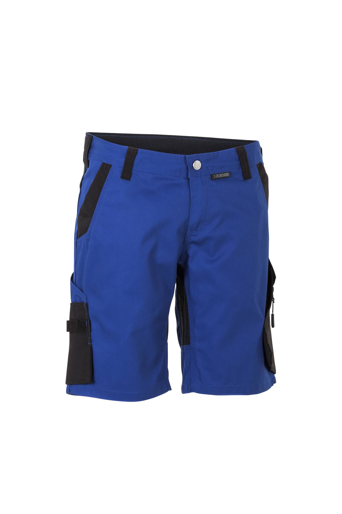 Blaue Arbeitsshorts mit schwarzen Akzenten, ausgestattet mit mehreren Taschen, die sich für Werkzeuge eignen, mit Reißverschluss und Knopfverschluss, von vorne betrachtet.