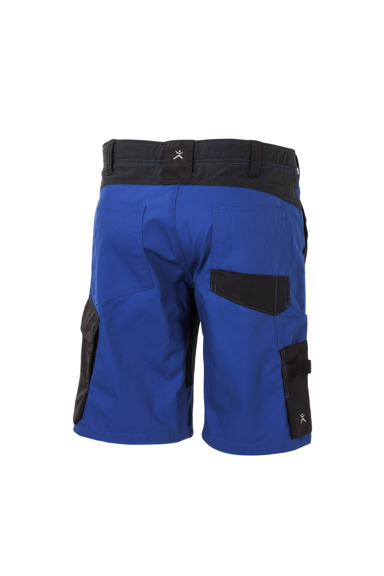 Blaue und schwarze Utility-Shorts mit mehreren Taschen, von hinten gezeigt.