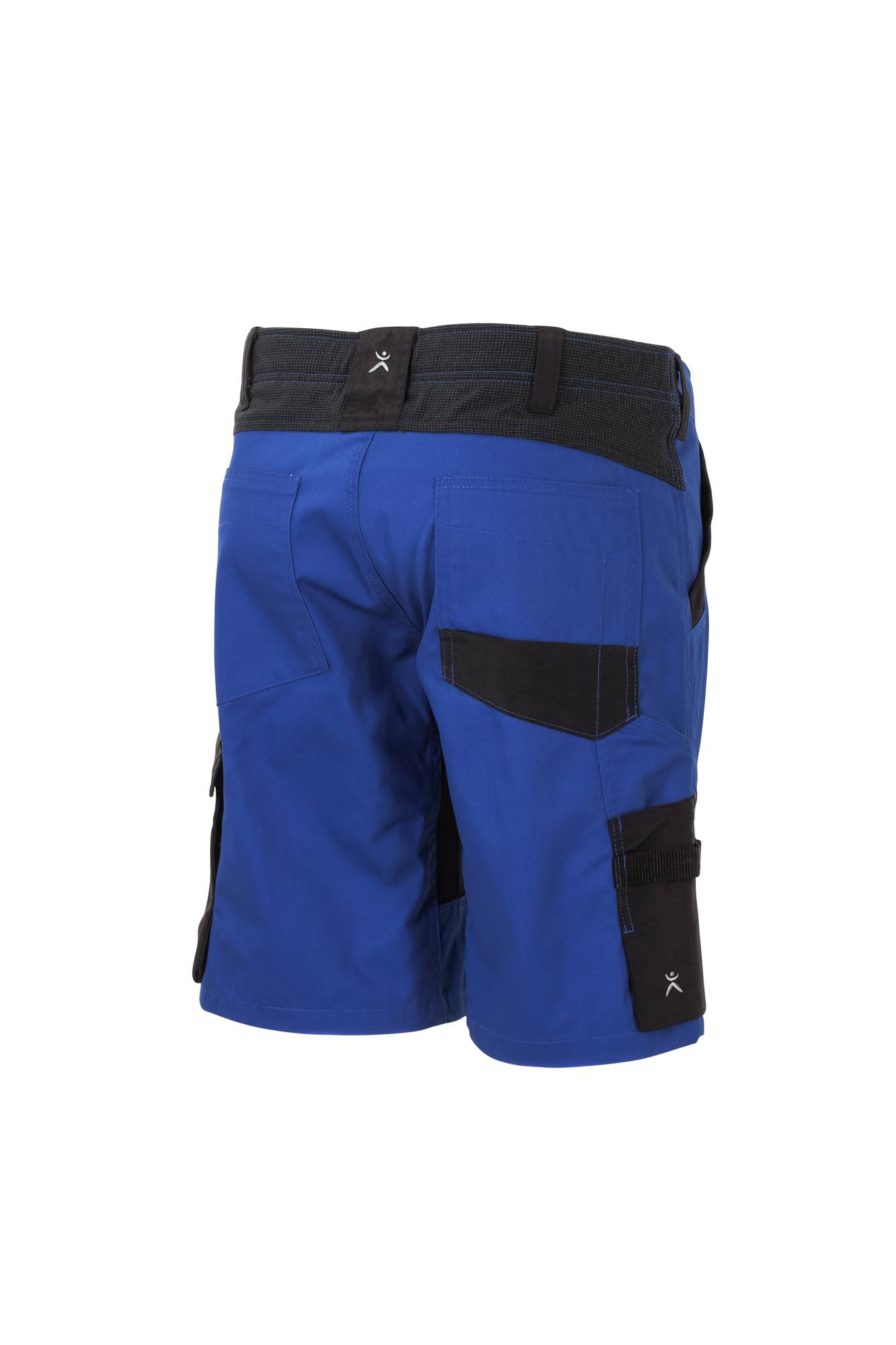 Blaue Arbeitsshorts mit einem schwarzen Bund, ausgestattet mit mehreren Taschen an den Seiten und hinten, entwickelt für Praktikabilität und Funktionalität.