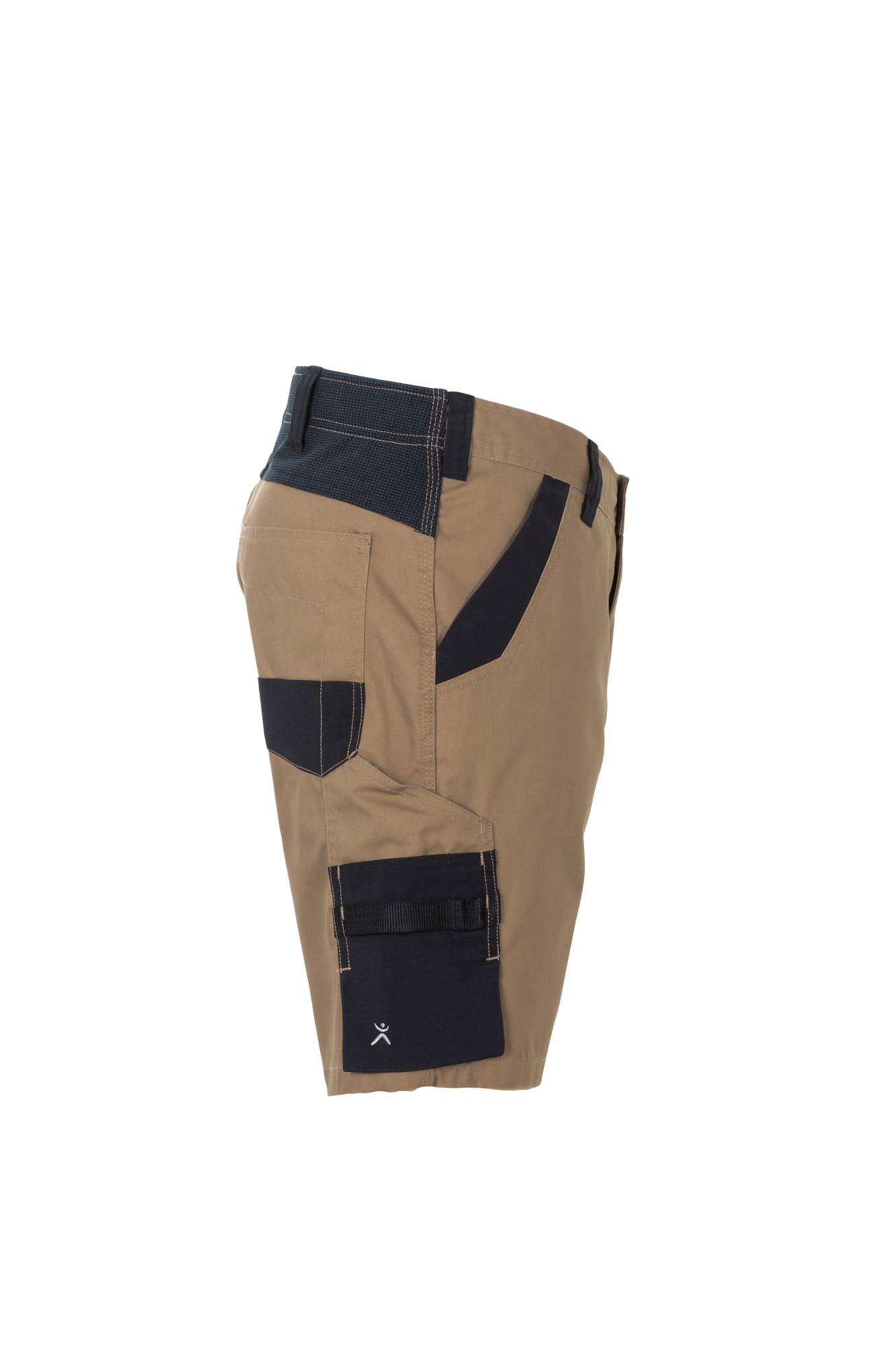Herren-Utility-Shorts in Tan und Navy mit mehreren Taschen, Seitenansicht.