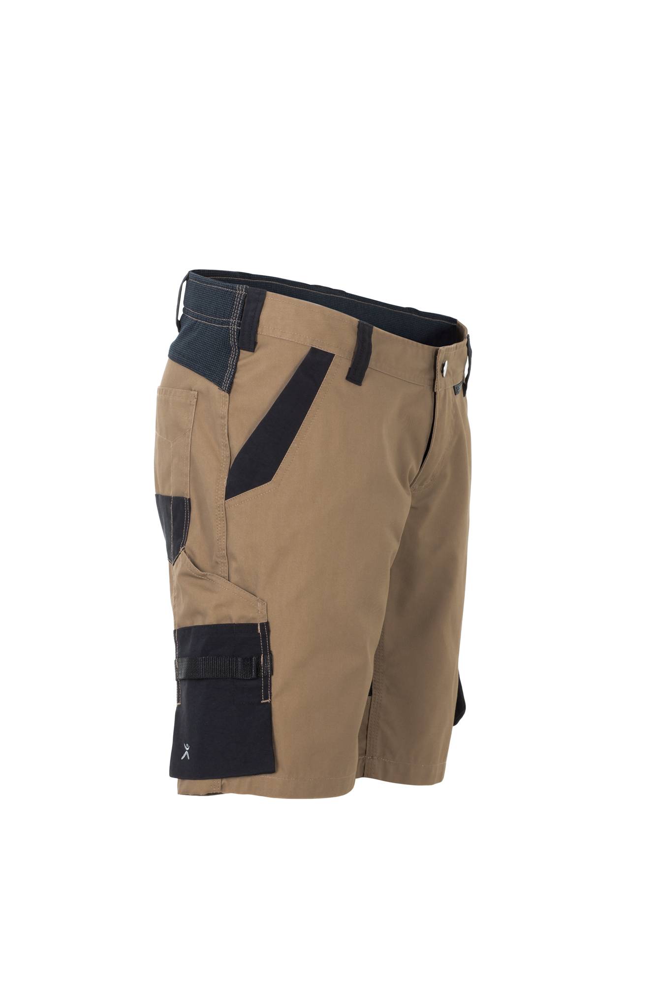 Beige und schwarze Herren-Wandershorts mit mehreren Taschen, schräg von der Seite präsentiert, um Design und Funktionalität hervorzuheben.